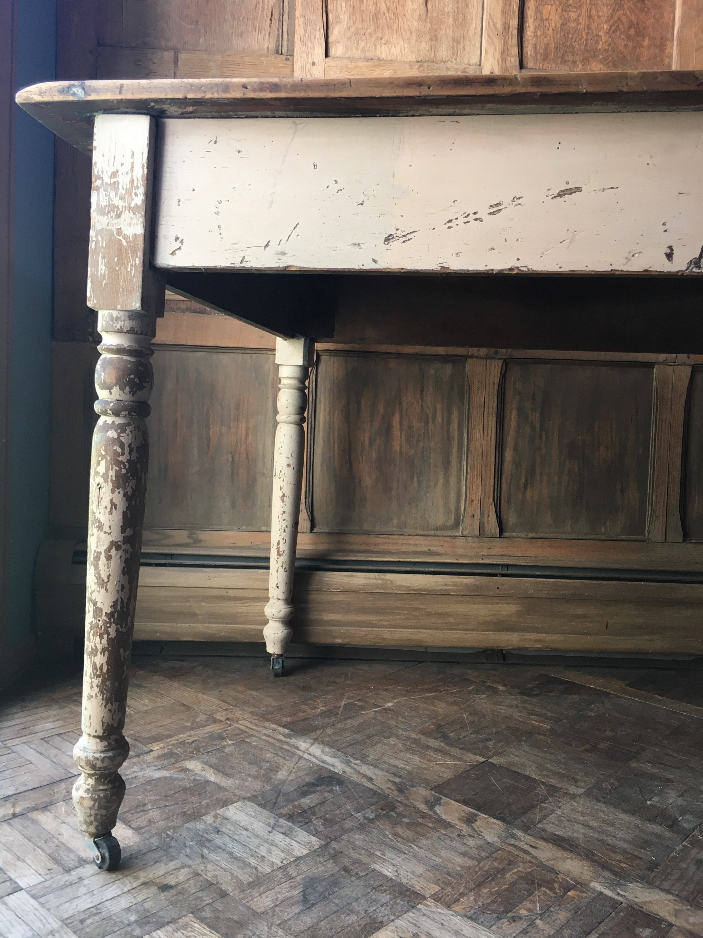 Antique Farmhouse Table, Authentic Pine Kitchen Table with Casters