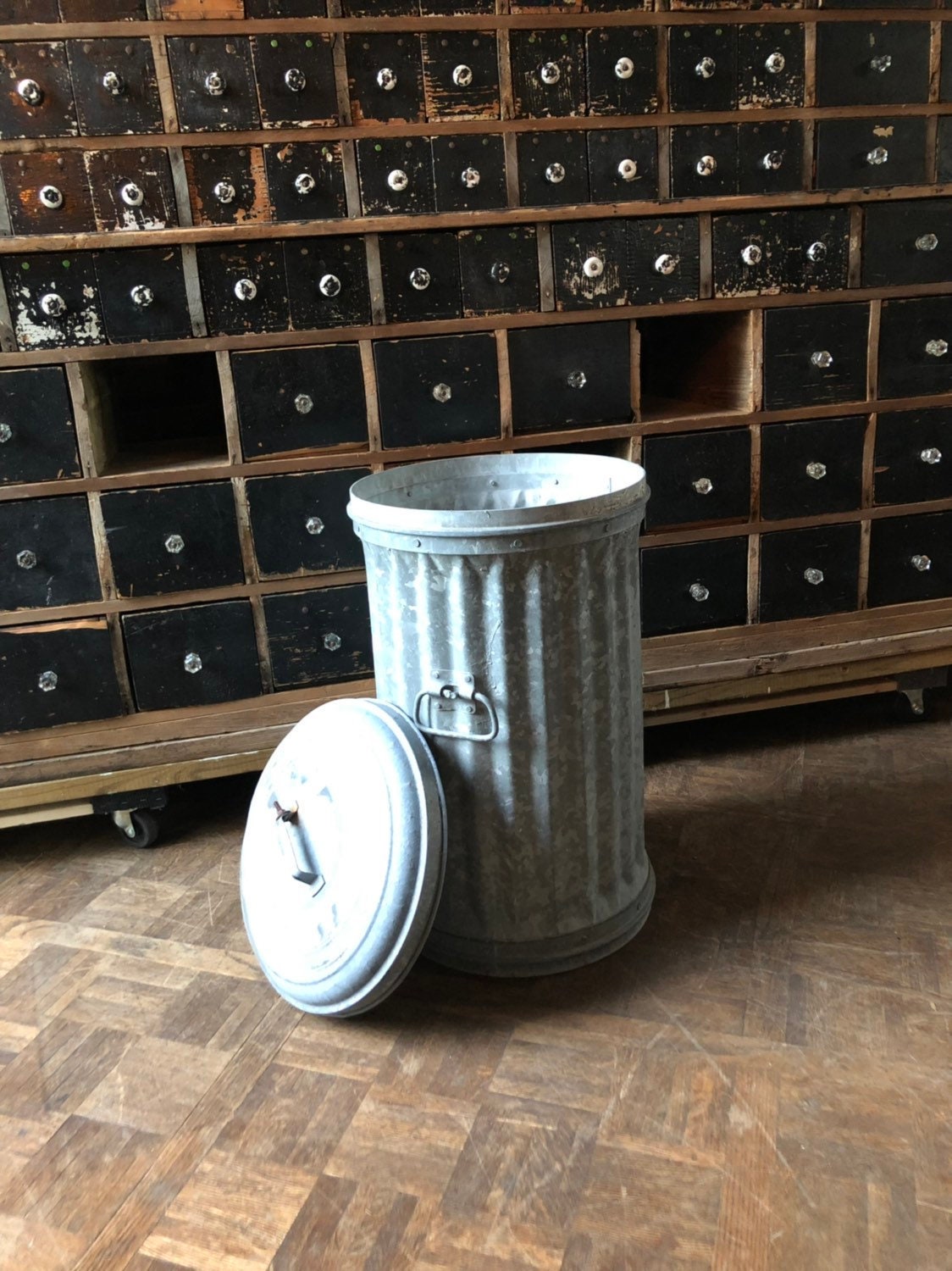 Vintage Industrial Garbage Can with Lid, Municipal City Trash Can