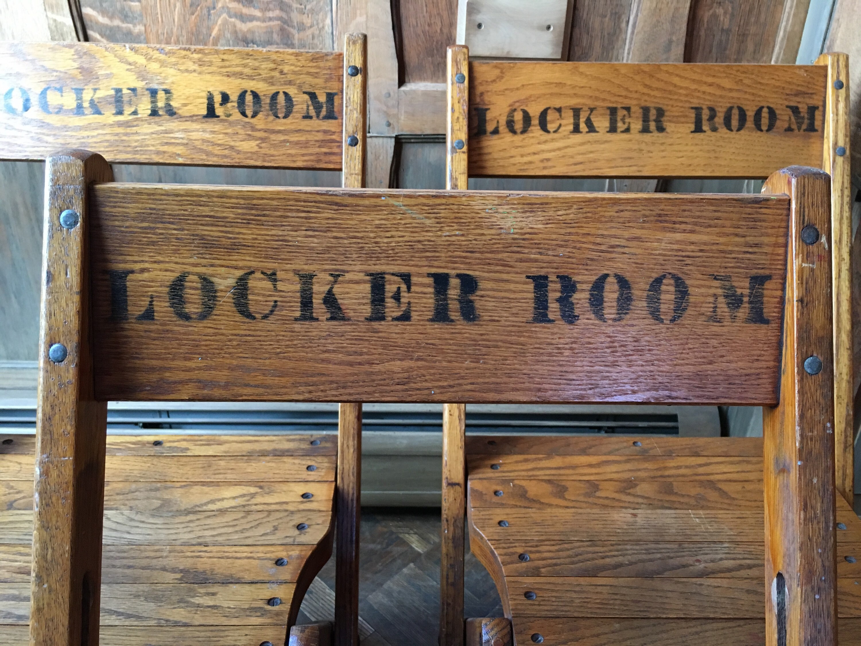 Vintage Locker Room Folding Chairs, Set of 5, Wood Folding Chairs