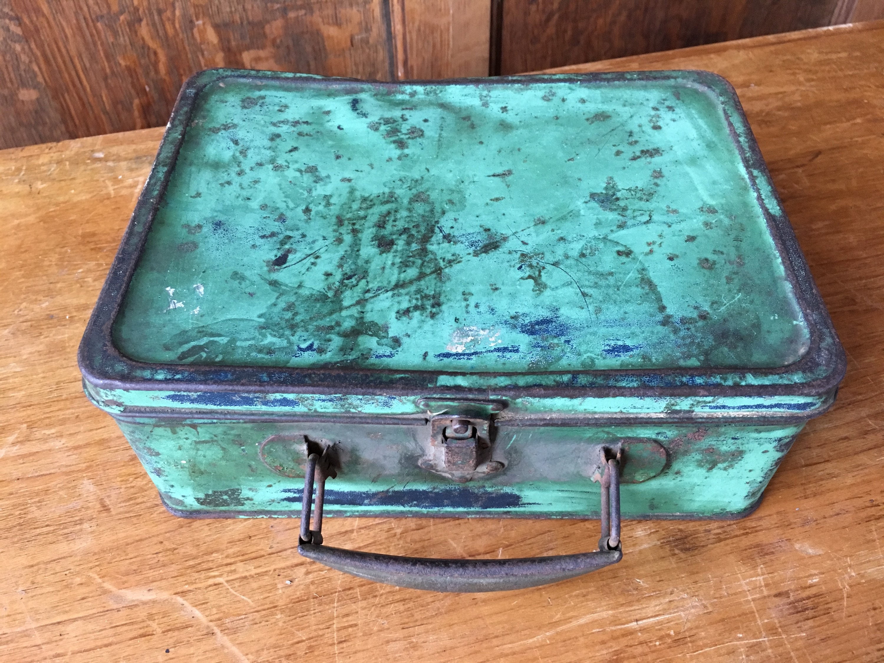 Green Metal Lunch Box, Vintage Lunchbox, Old Metal Storage Box, Vintage
