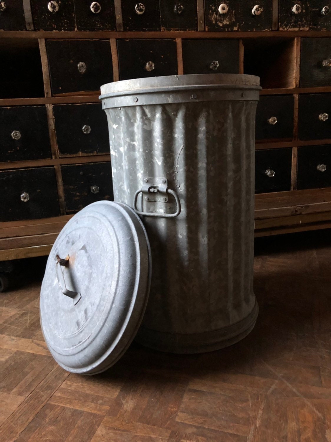 Vintage Industrial Garbage Can with Lid, Municipal City Trash Can