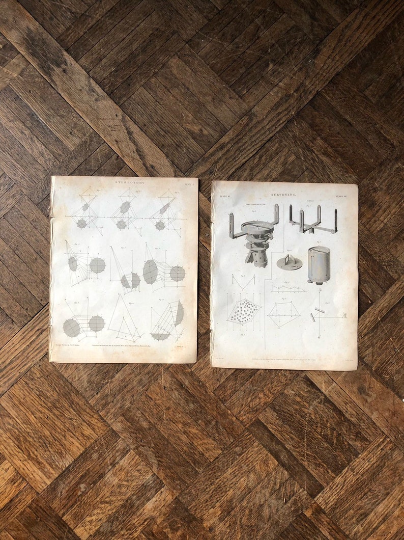 Pair Of Surveying Prints Lot Of 2 1800s Original Black And White Architectural Surveying Stereotomy Lithograph Picture Surveyor Gifts - 