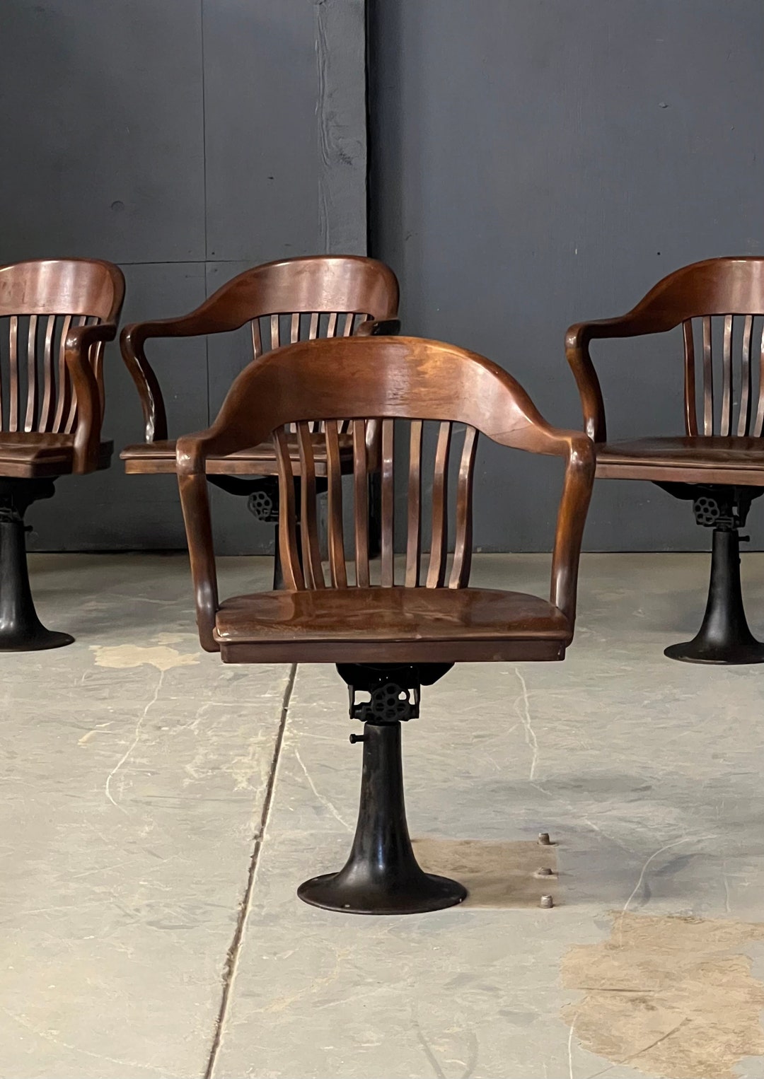 Antique Jury Chairs, Set of Four Revolving Juror Chairs With Cast Iron