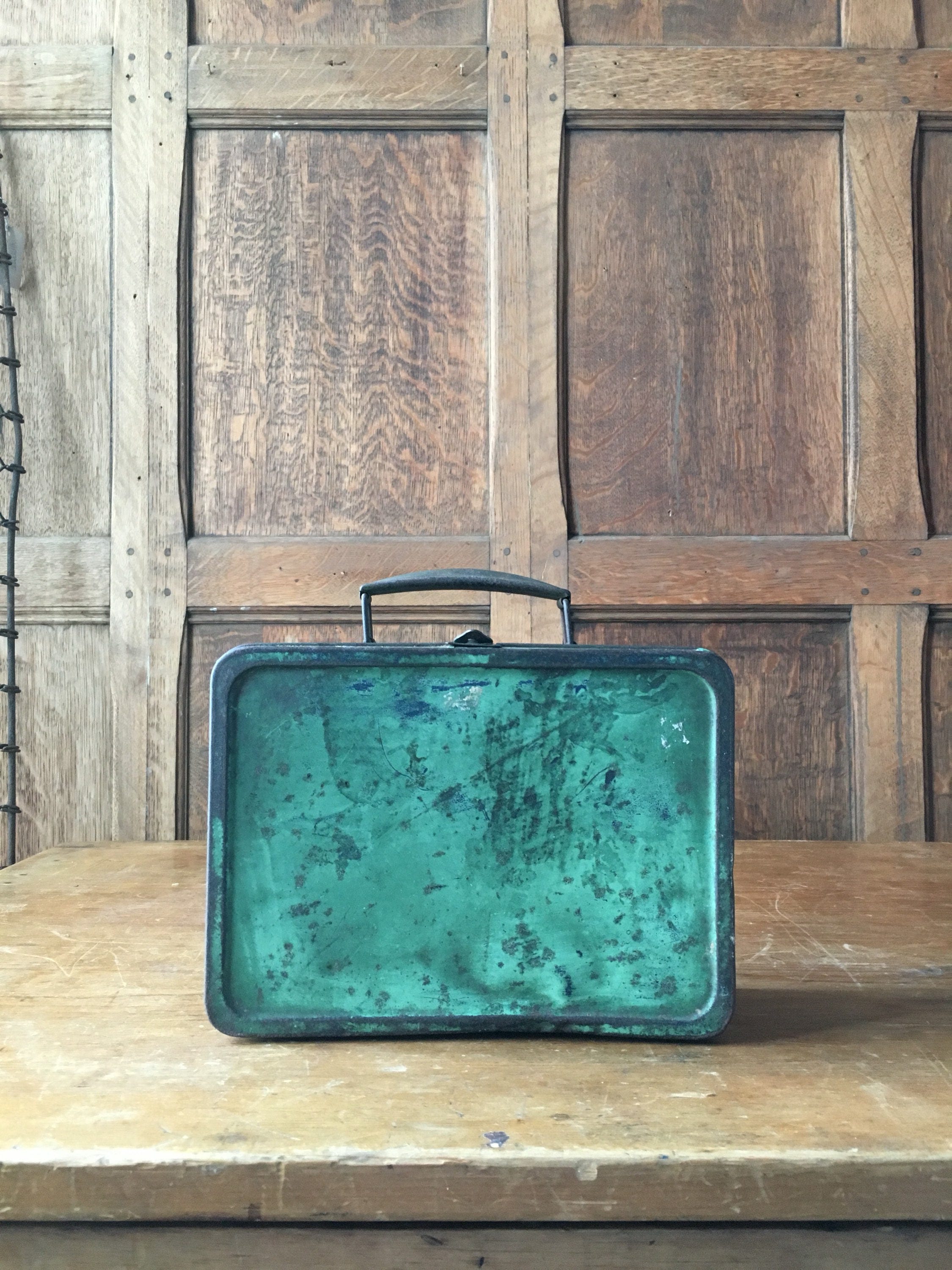 Green Metal Lunch Box, Vintage Lunchbox, Old Metal Storage Box, Vintage