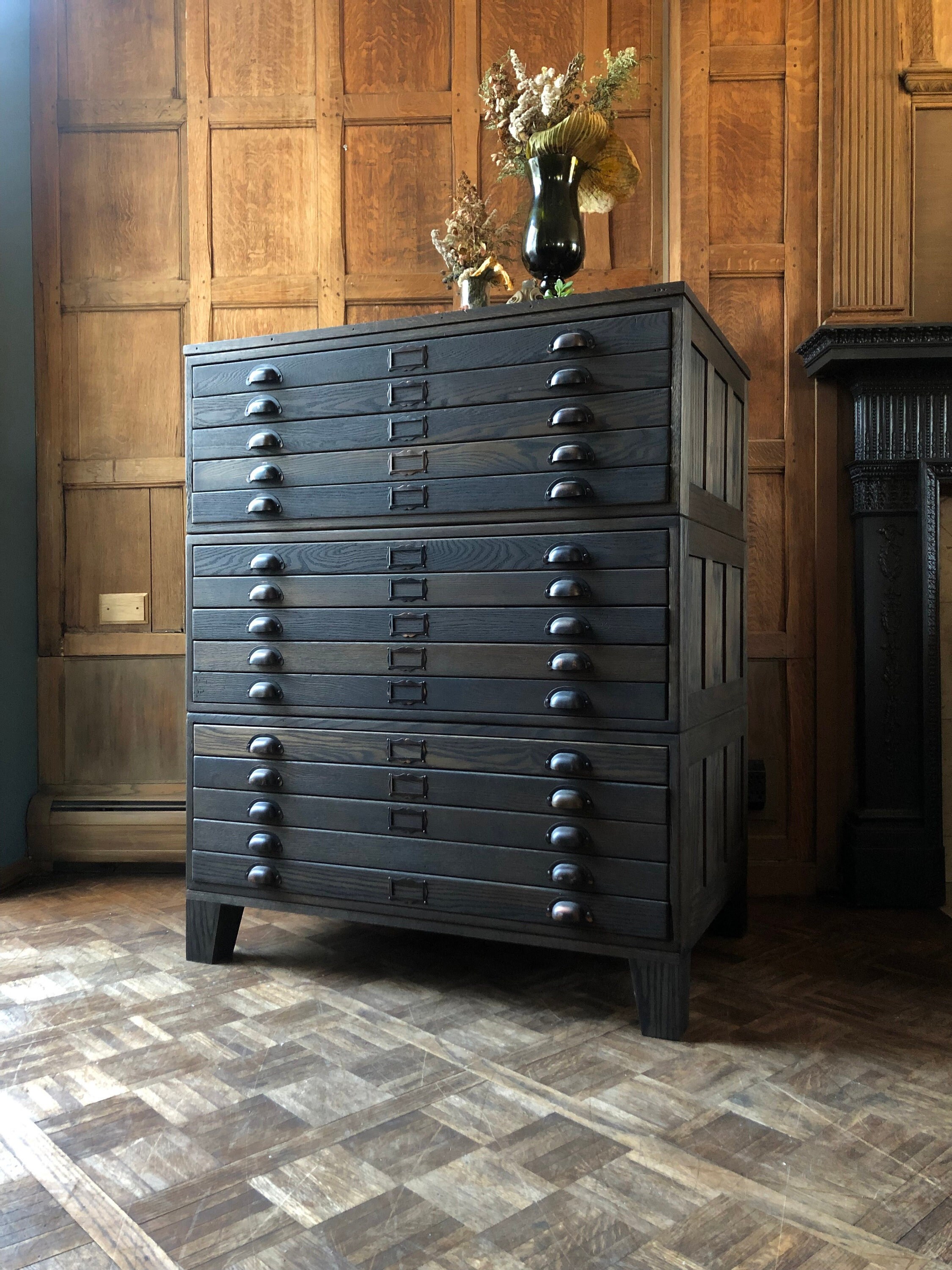 Large Antique Flat File Antique Oak Map Apothecary