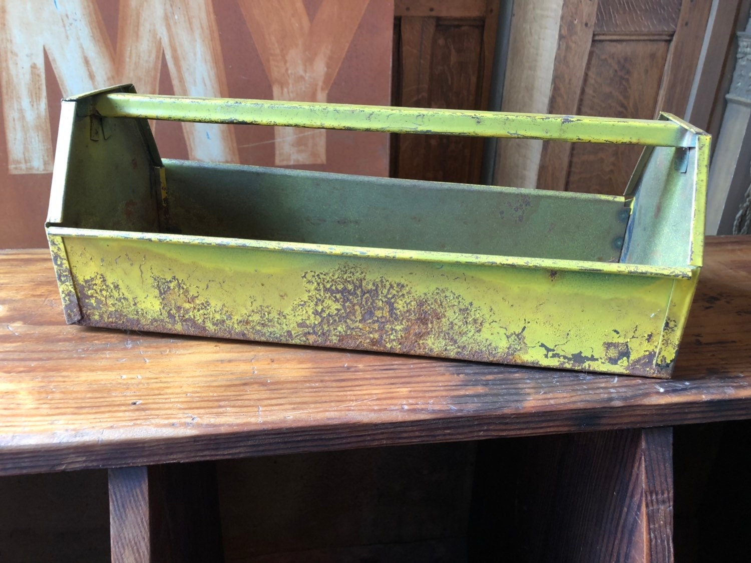 Vintage Tool Caddy, Yellow Toolbox, Metal Tool Box Tool Tote
