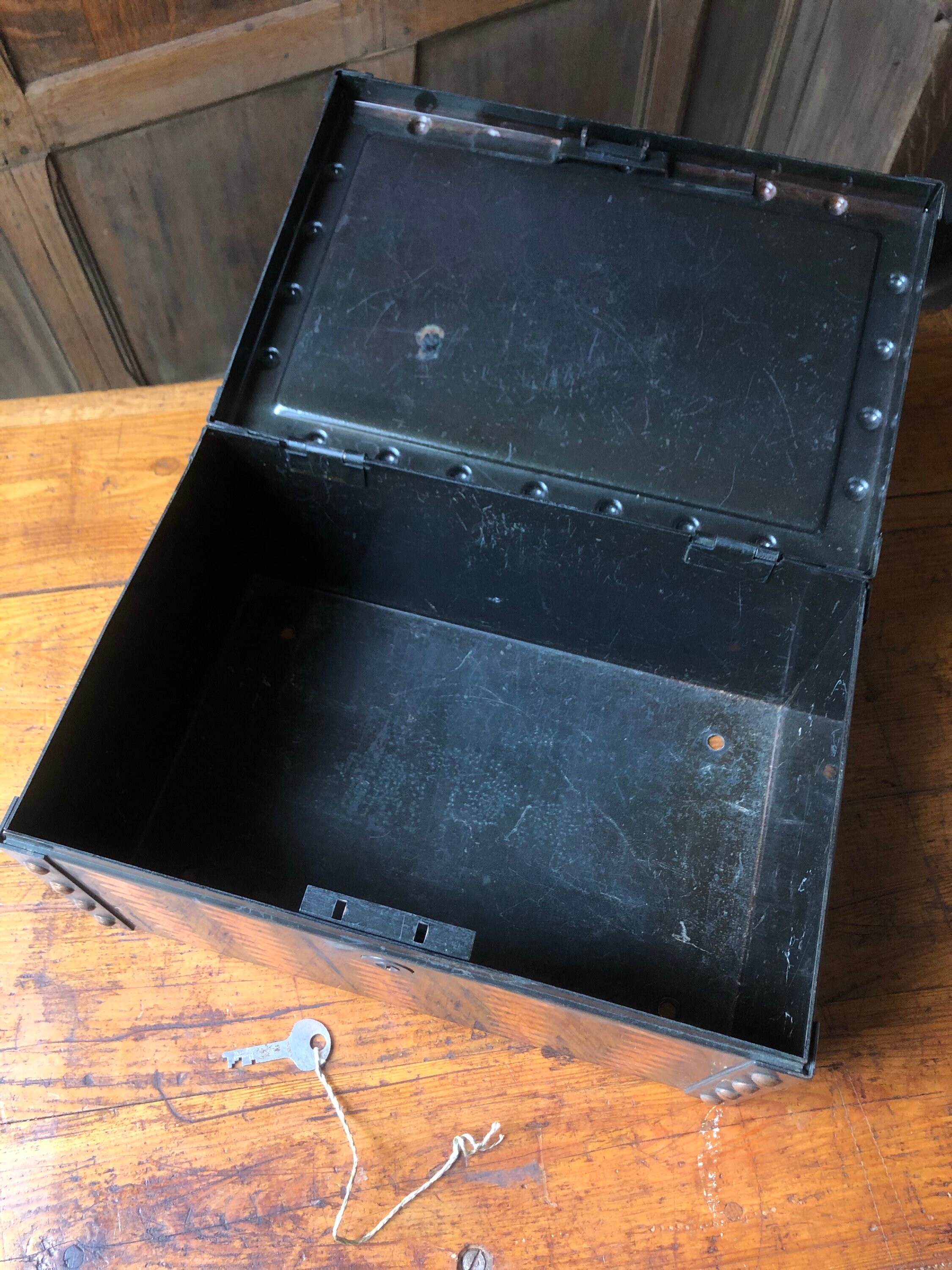 Antique Metal Storage Box, Japanned Copper Flash Strong Box, Antique