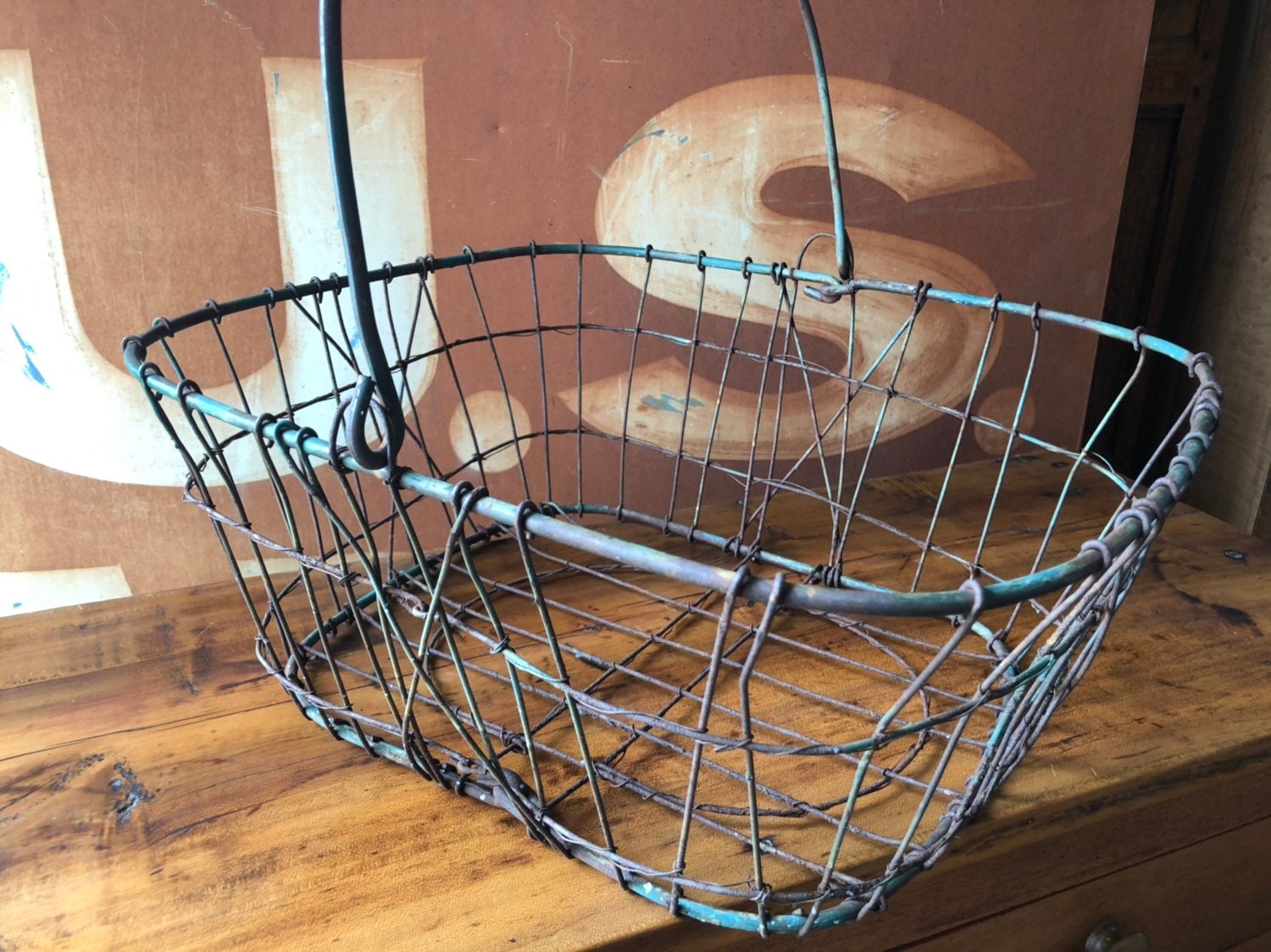 Antique Wire Basket With Wood Handle, Rustic Metal Wire Basket