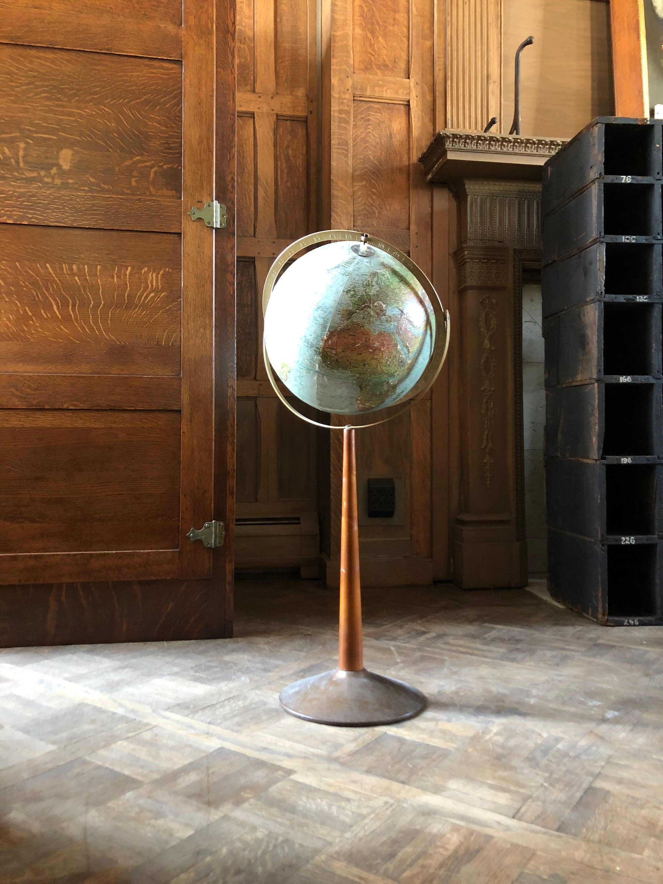 Vintage World Globe On Stand, 12 Inch Relief Globe, Replogle Land And