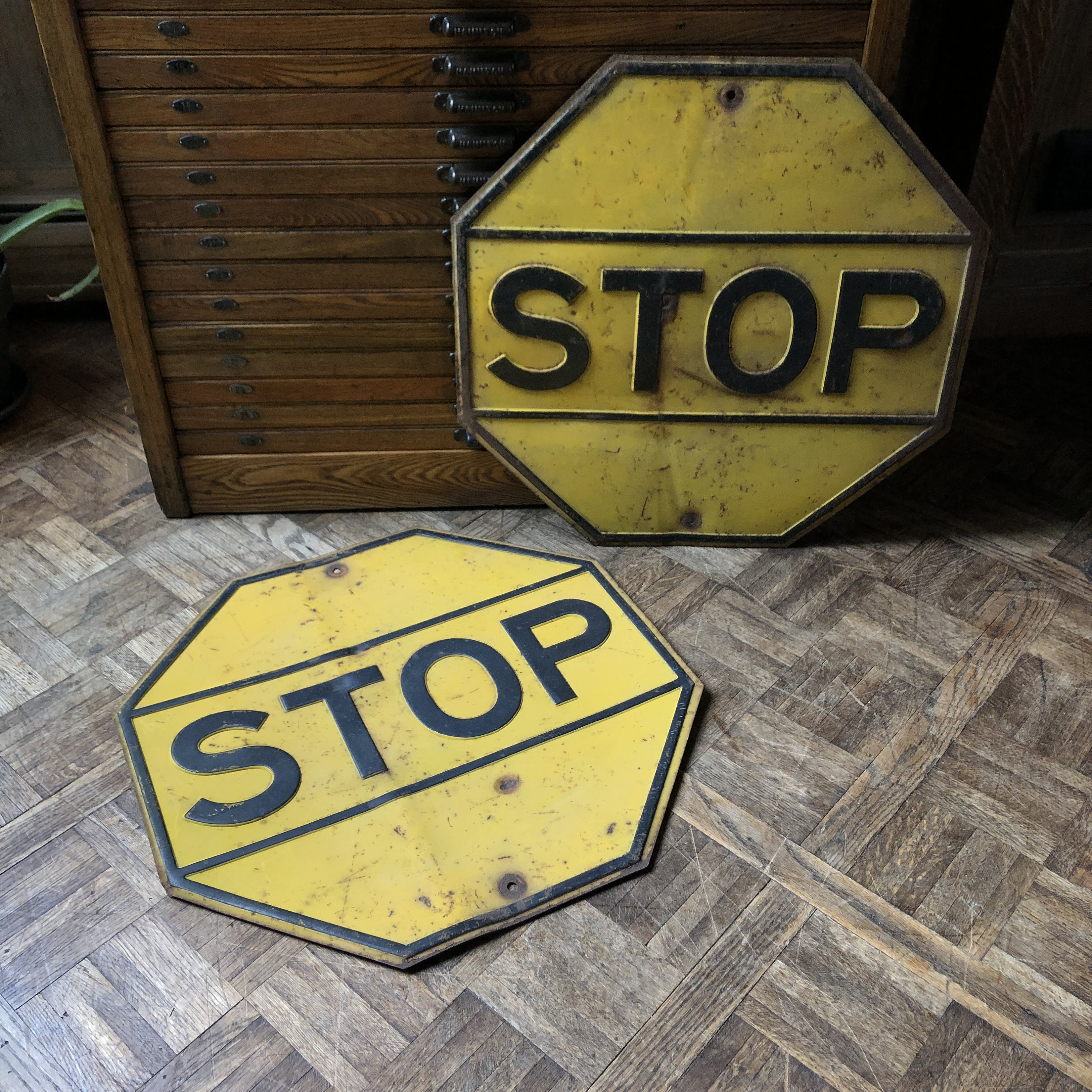 Pair Of 1940s Yellow Stop Signs, 24” Stop Sign, Vintage Stop Sign, Road