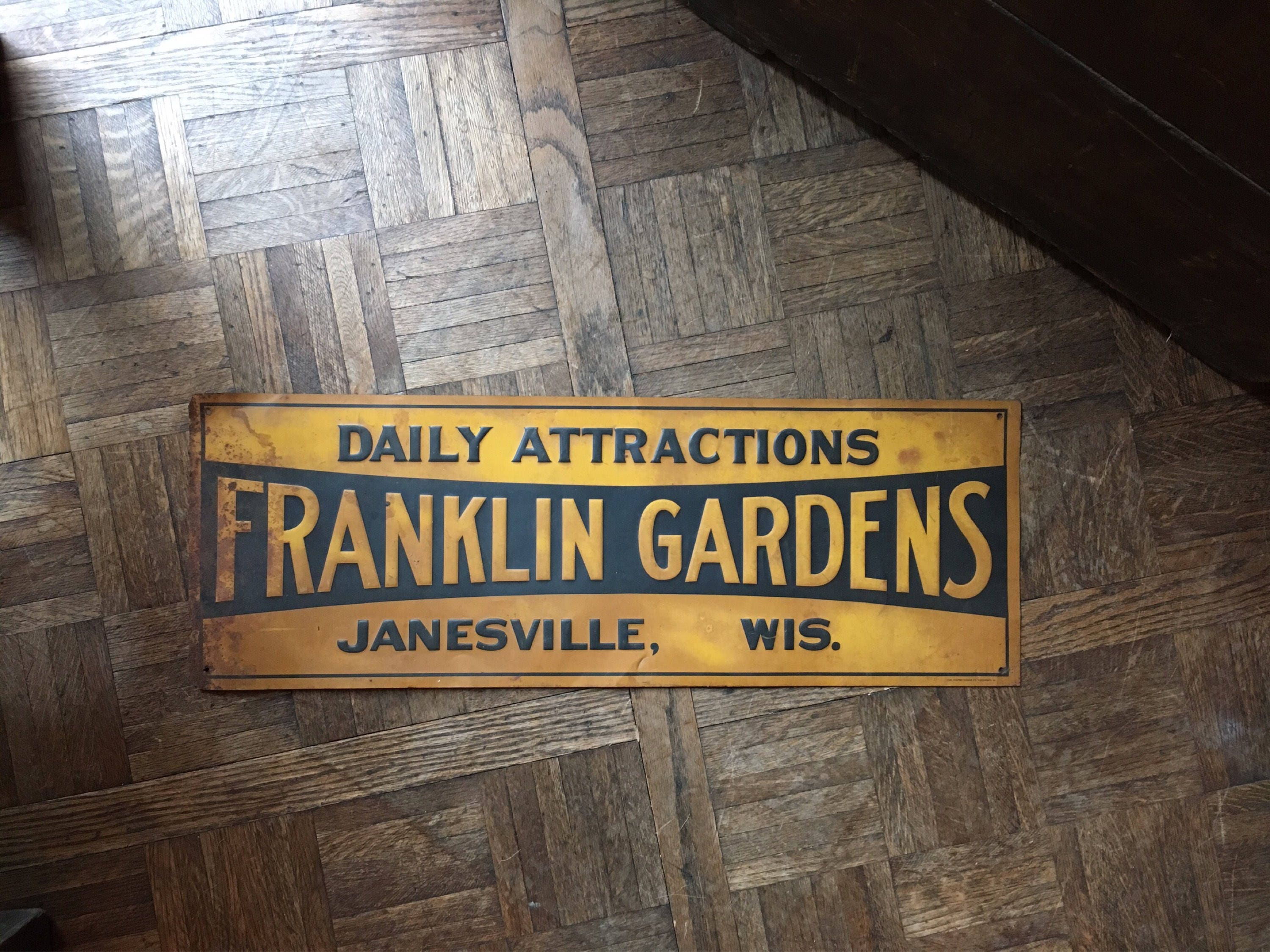 Vintage Franklin Gardens Sign, Janesville Wisconsin, Vintage Metal Sign