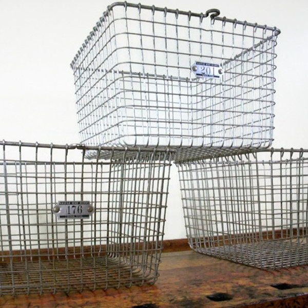 Vintage Wire Basket, Set of Three, Industrial Wire Basket, Gym Locker Basket, Storage Basket, Shiner Texas