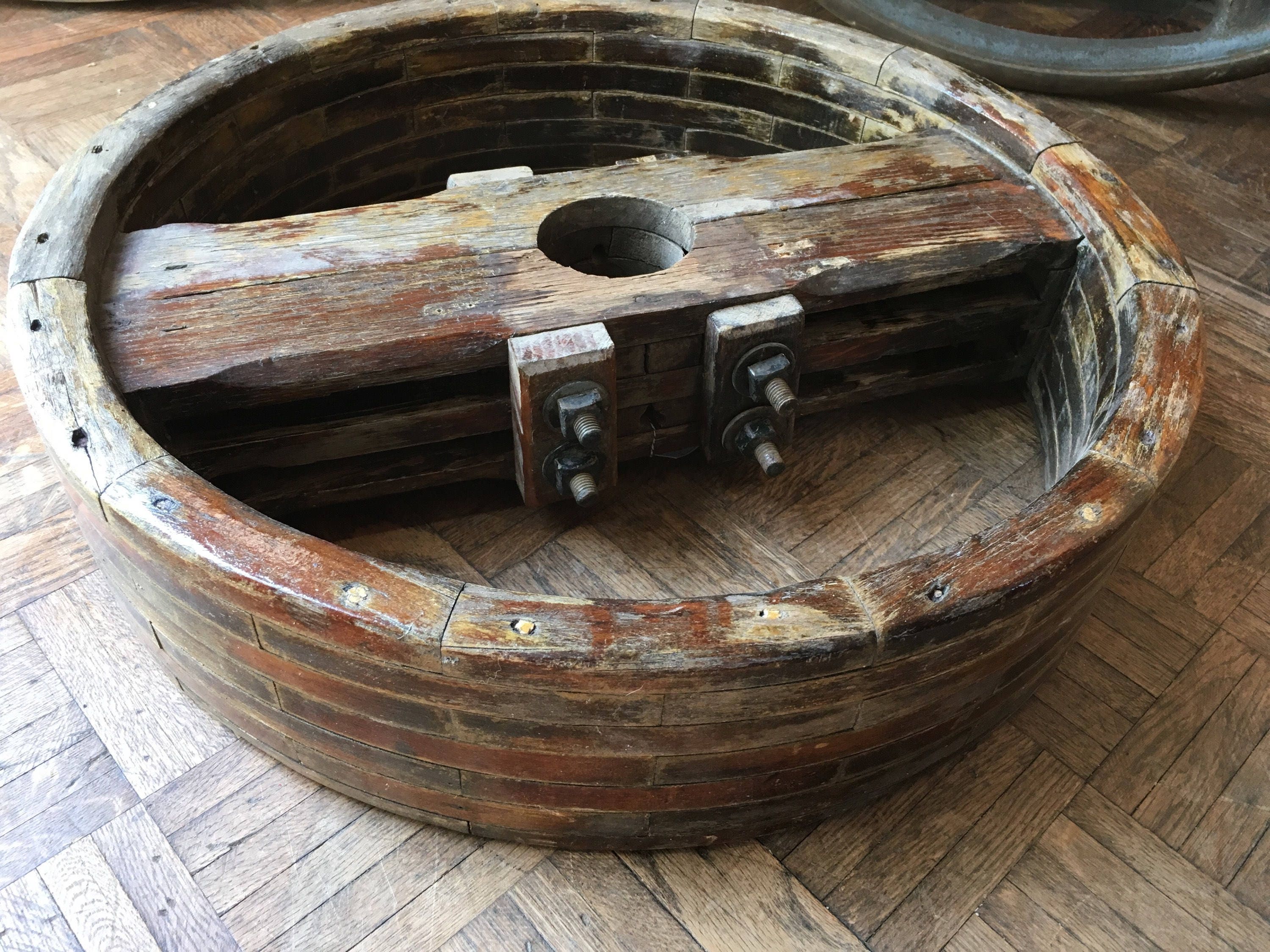 Vintage Wood Pulley, LARGE Antique Wood Pulley Wheel, Industrial Pulley