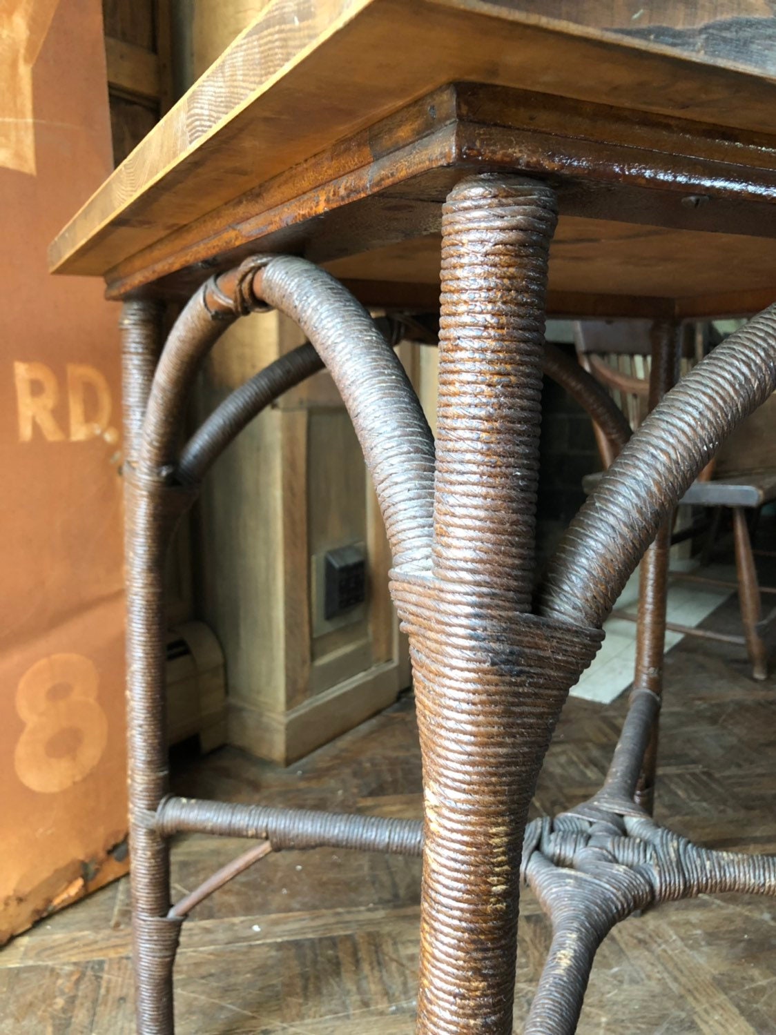 Antique Rattan Side Table, Small Quarter Sawn Oak End 