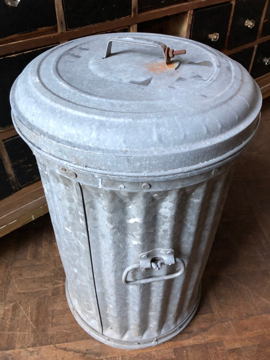 Vintage Industrial Garbage Can with Lid, Municipal City Trash Can