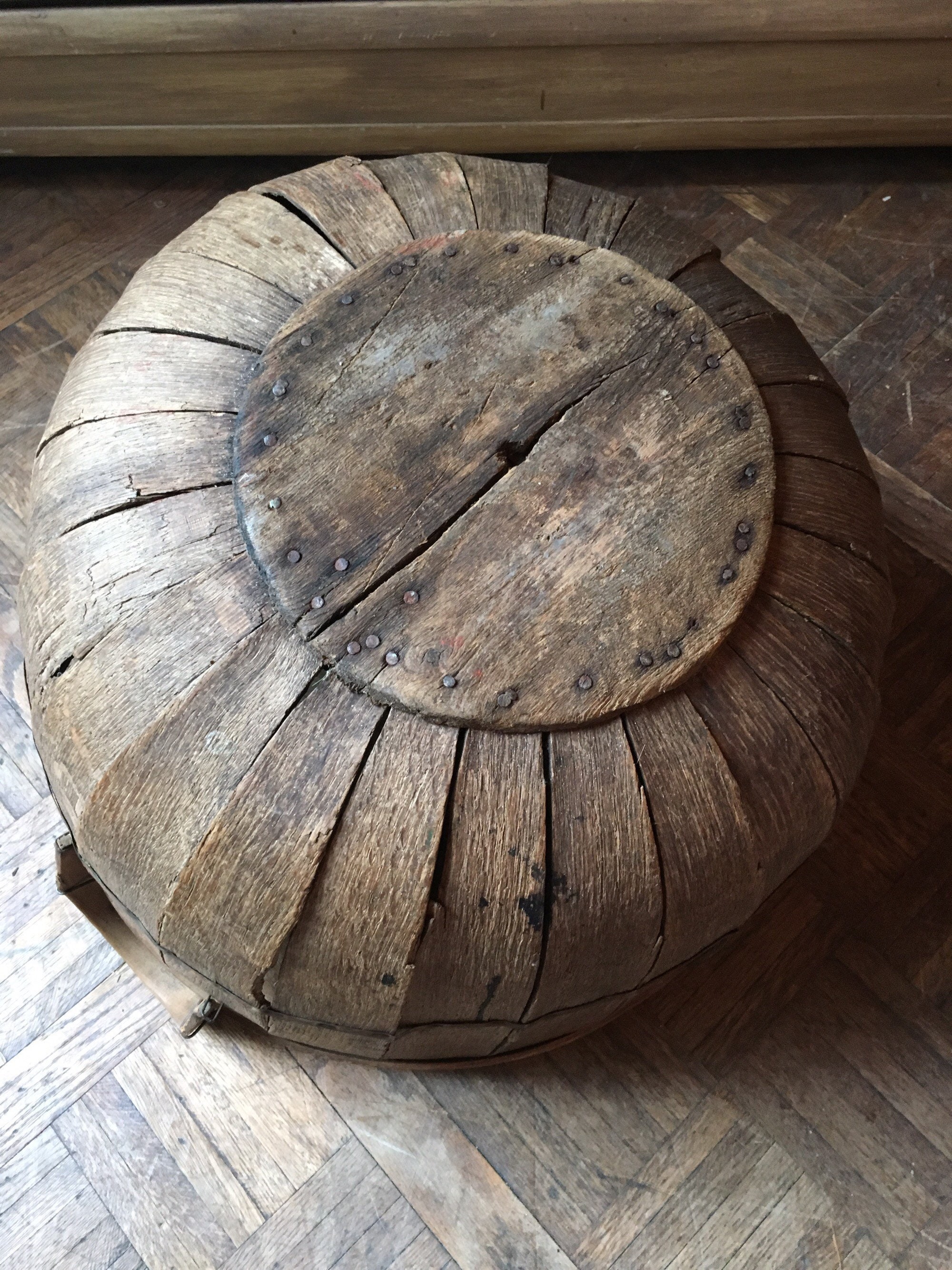 Antique Wood Basket, Primitive Oak Bentwood Basket, Large Hamper Basket