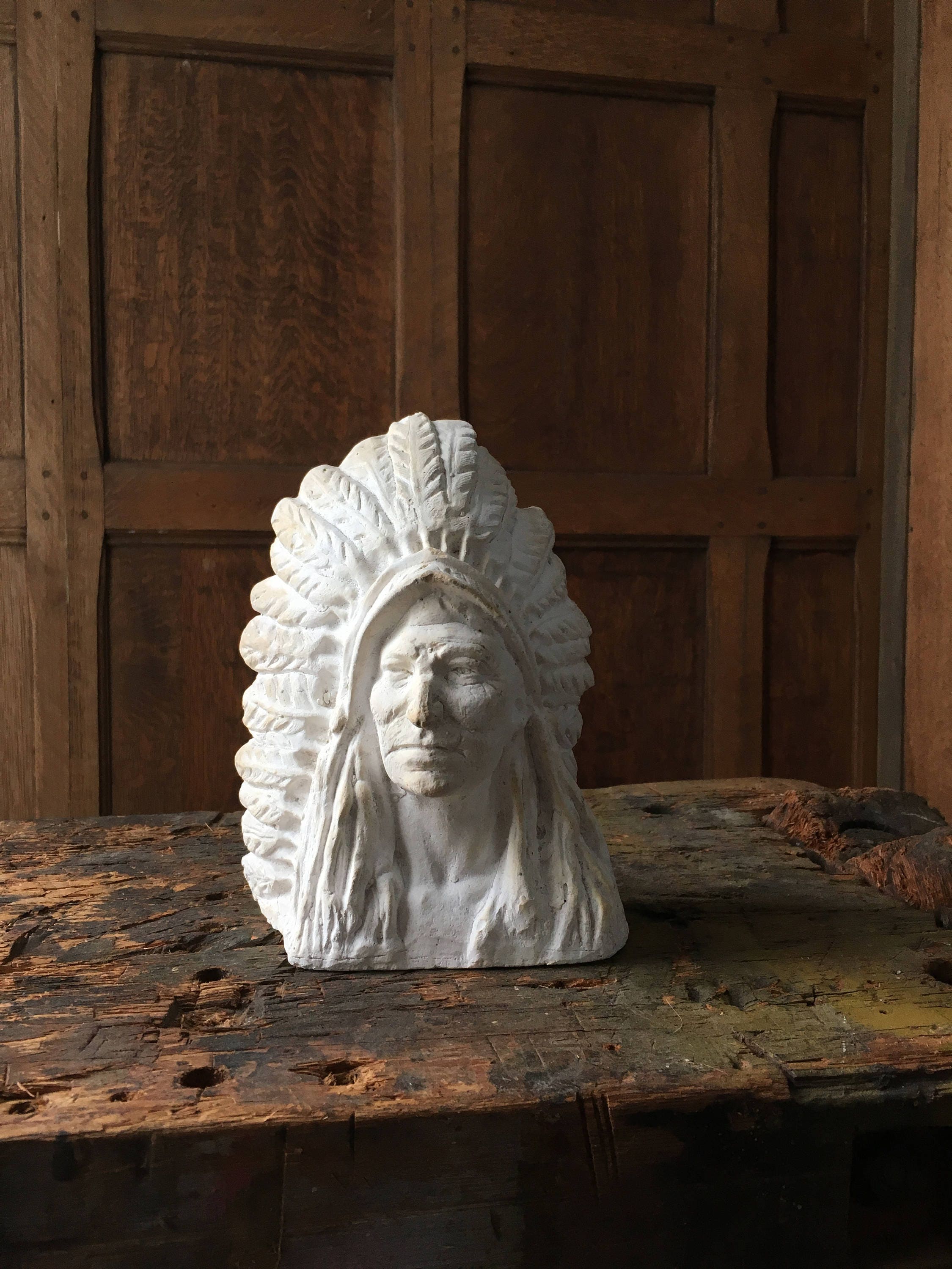 Vintage Chalkware Native American Indian Bust Statue, Ceramic Indian