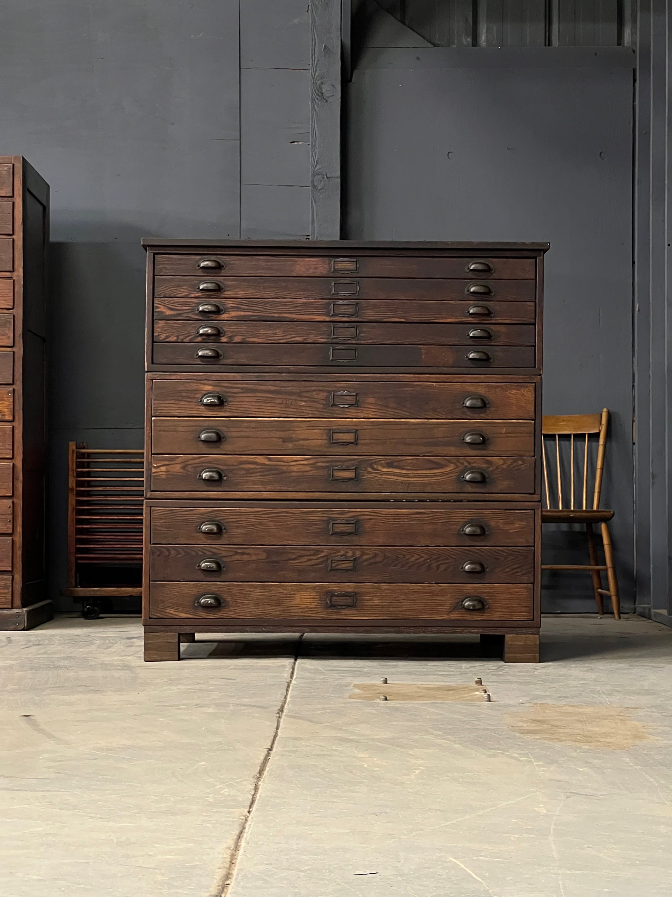 Large Antique Flat File Oak Map Apothecary Drawer