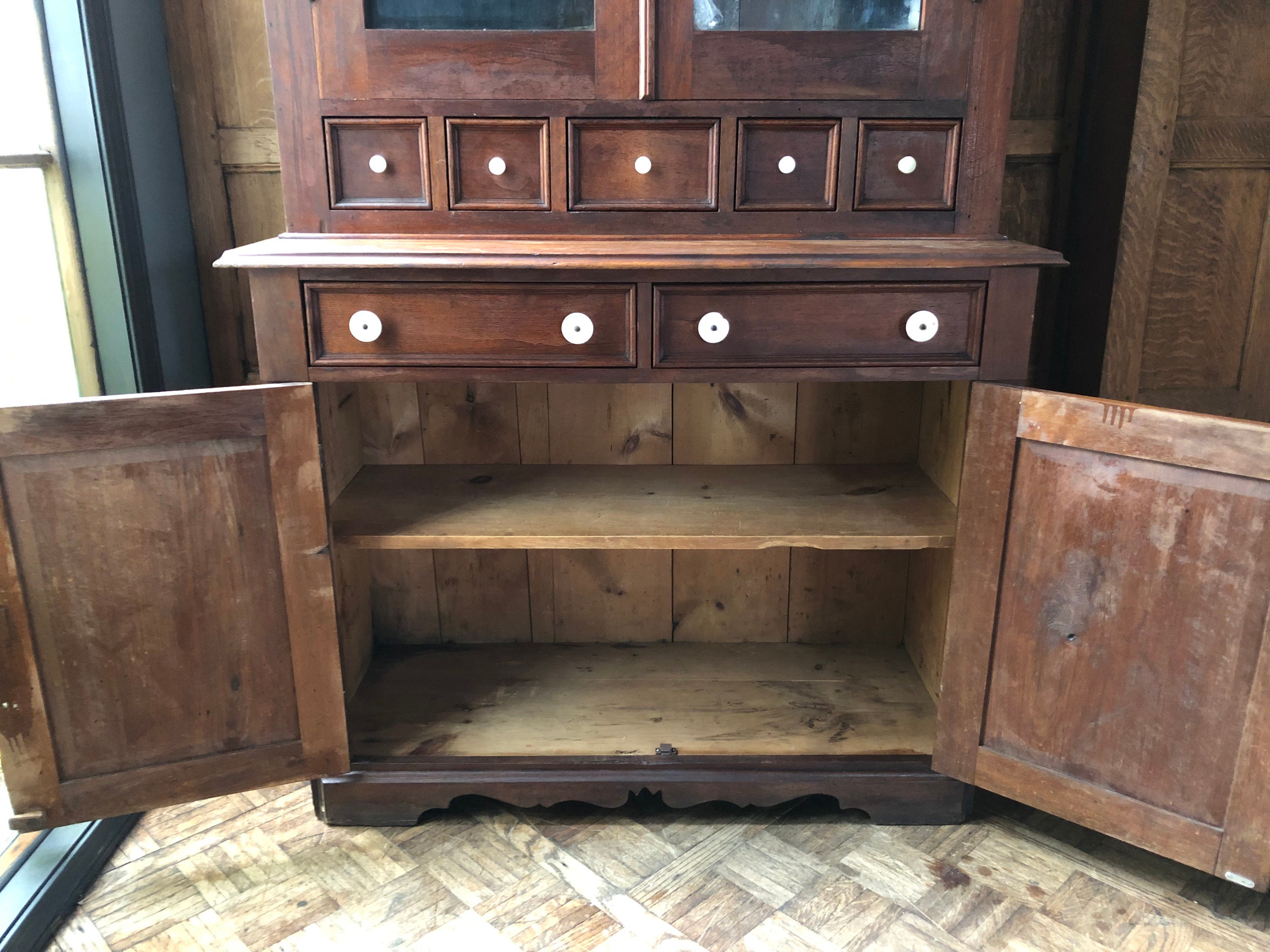 Antique Farmhouse Pine Step Back Cupboard, Stepback