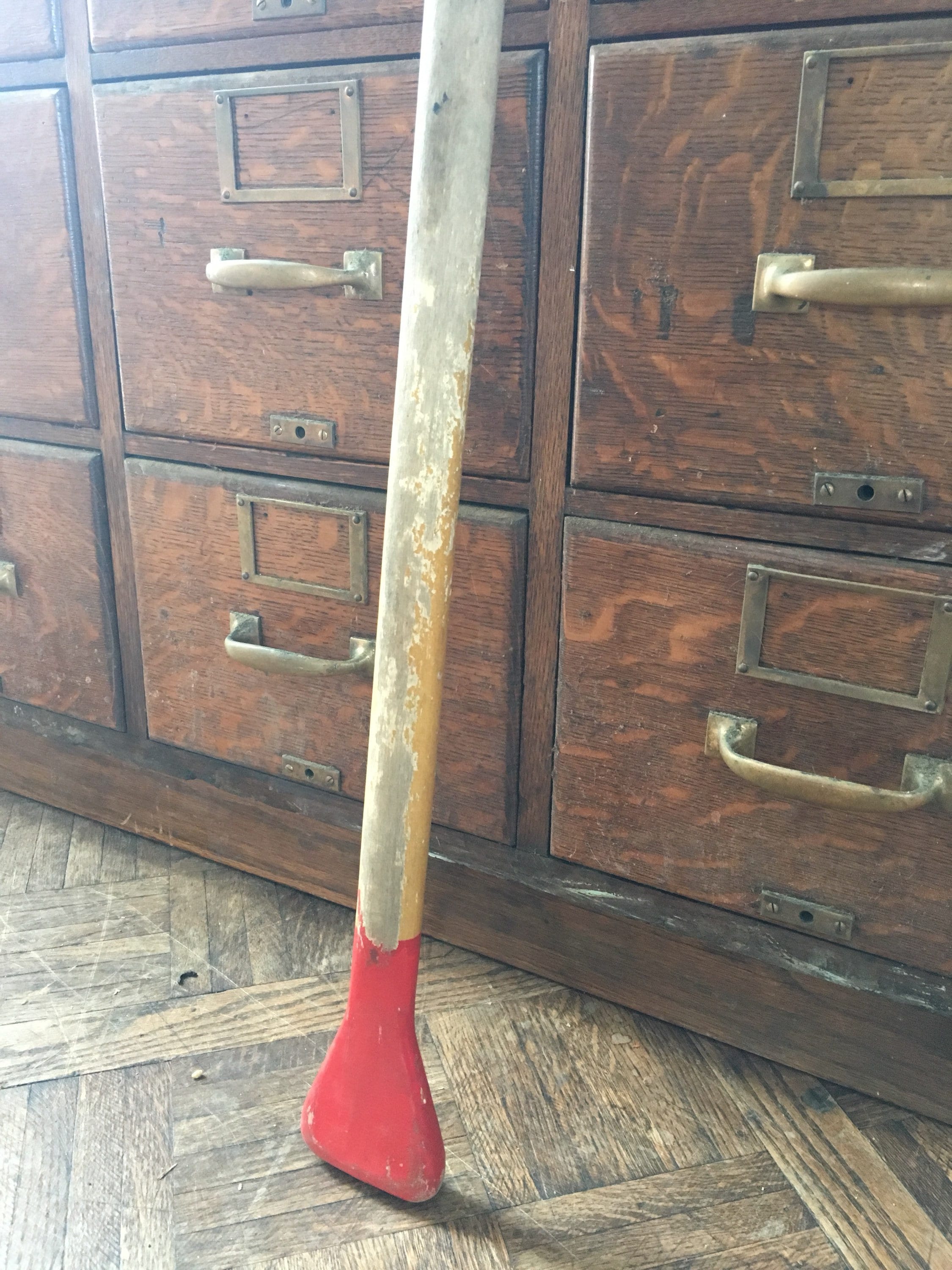 antique wood oar, red canoe paddle, original distressed