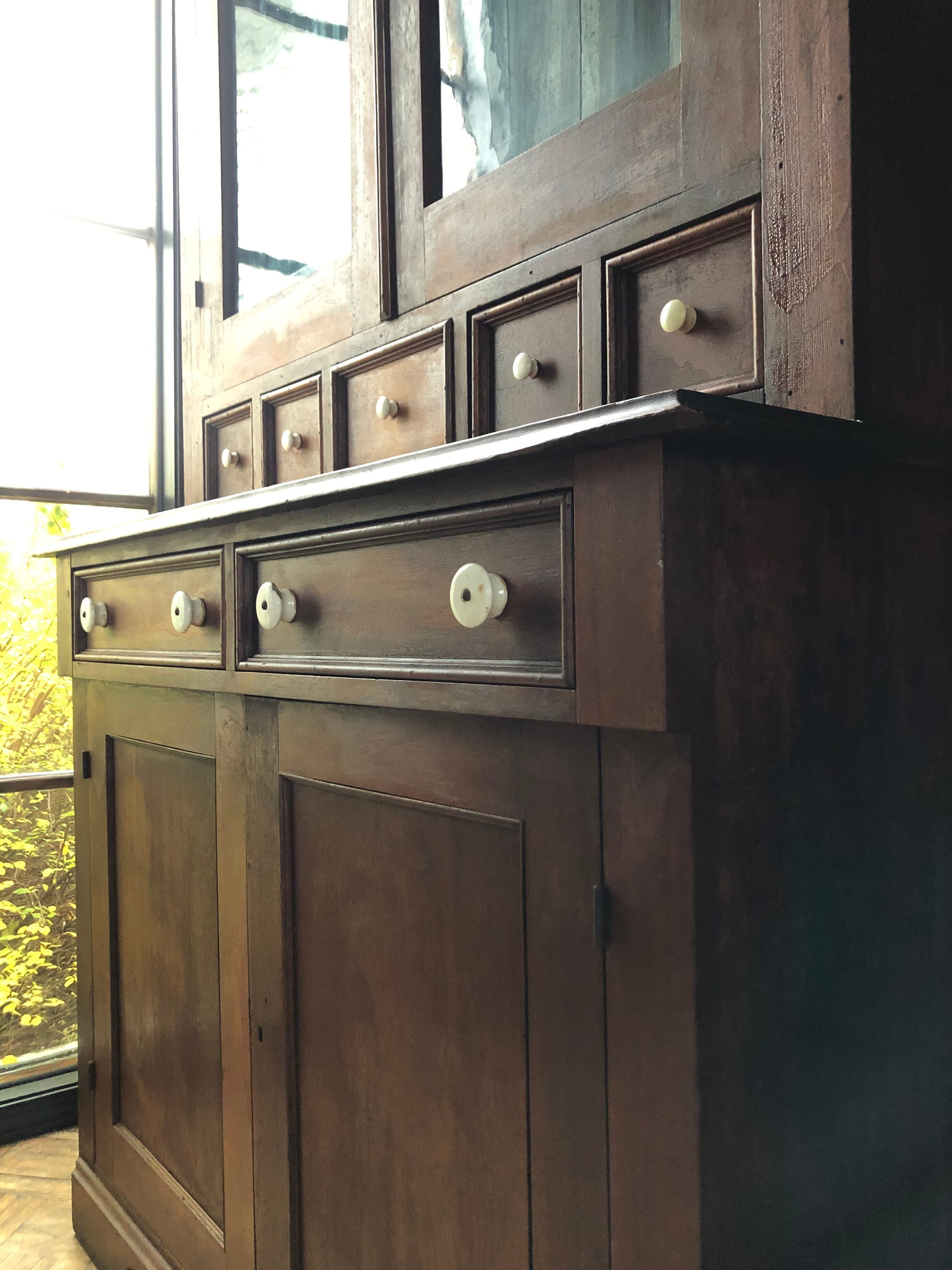 Antique Farmhouse Pine Step Back Cupboard, Stepback