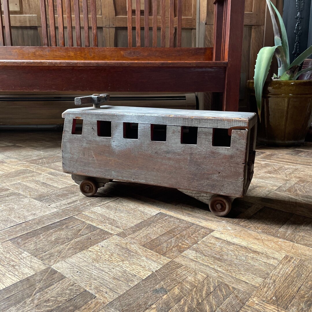Large Antique Folk Art Trolley Car, Handmade Wood Trolley Car, Antique Wood Toy, Ride on Toy