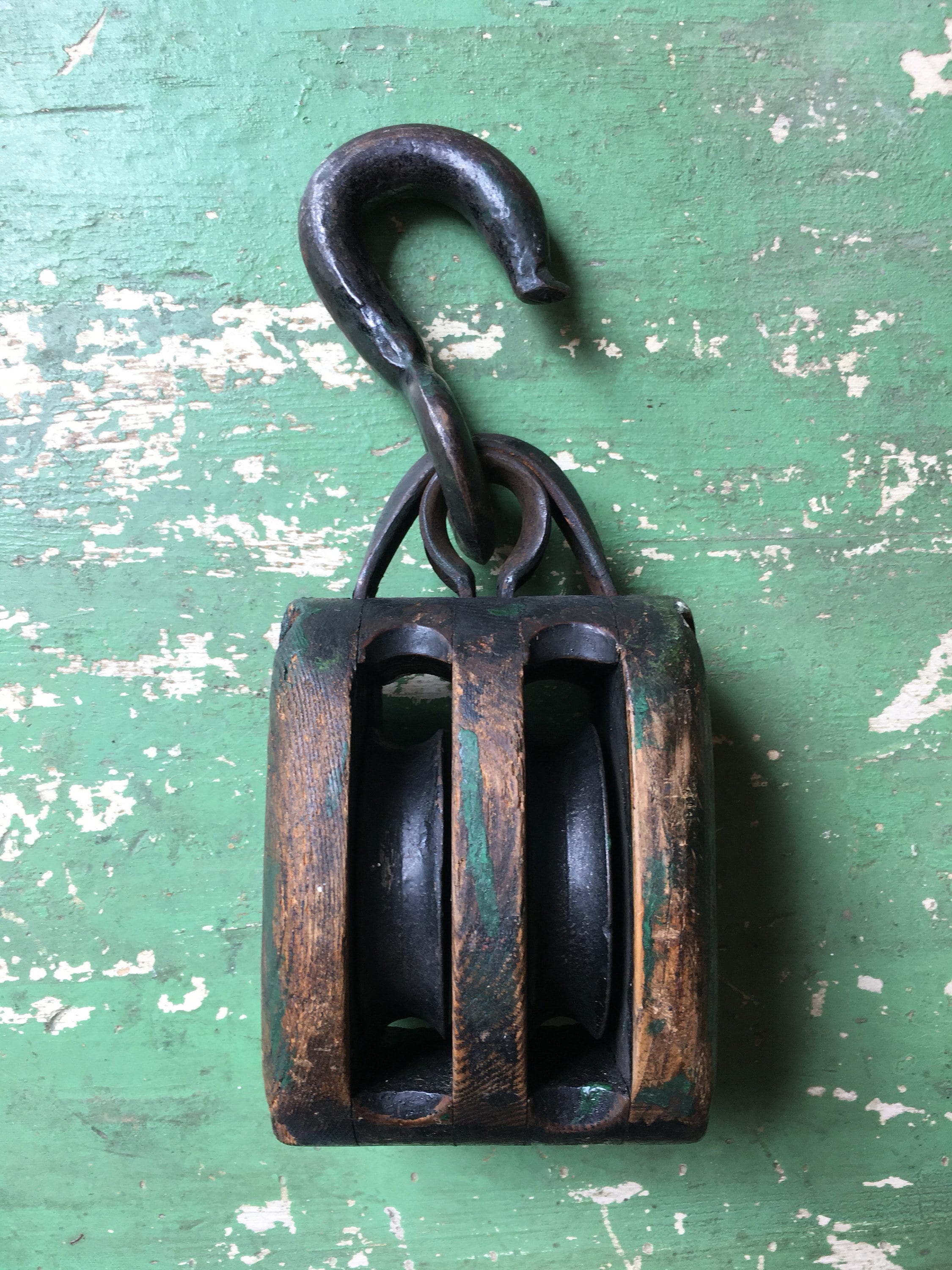 Antique Wood Pulley, Two Wheel Wood And Iron Block And Tackle, Rustic