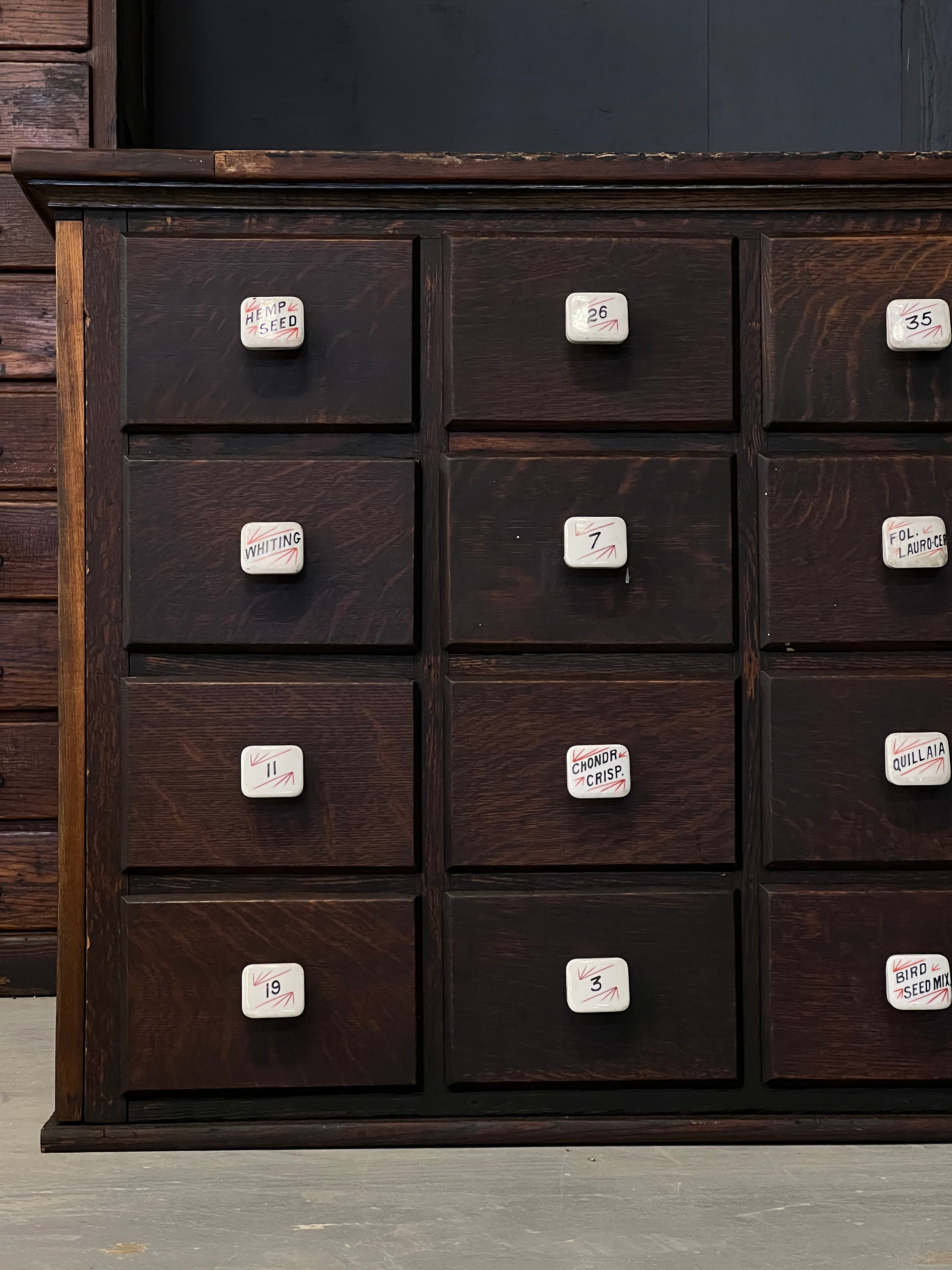 Large Antique Apothecary Antique Wood Drawer Unit, Hardware