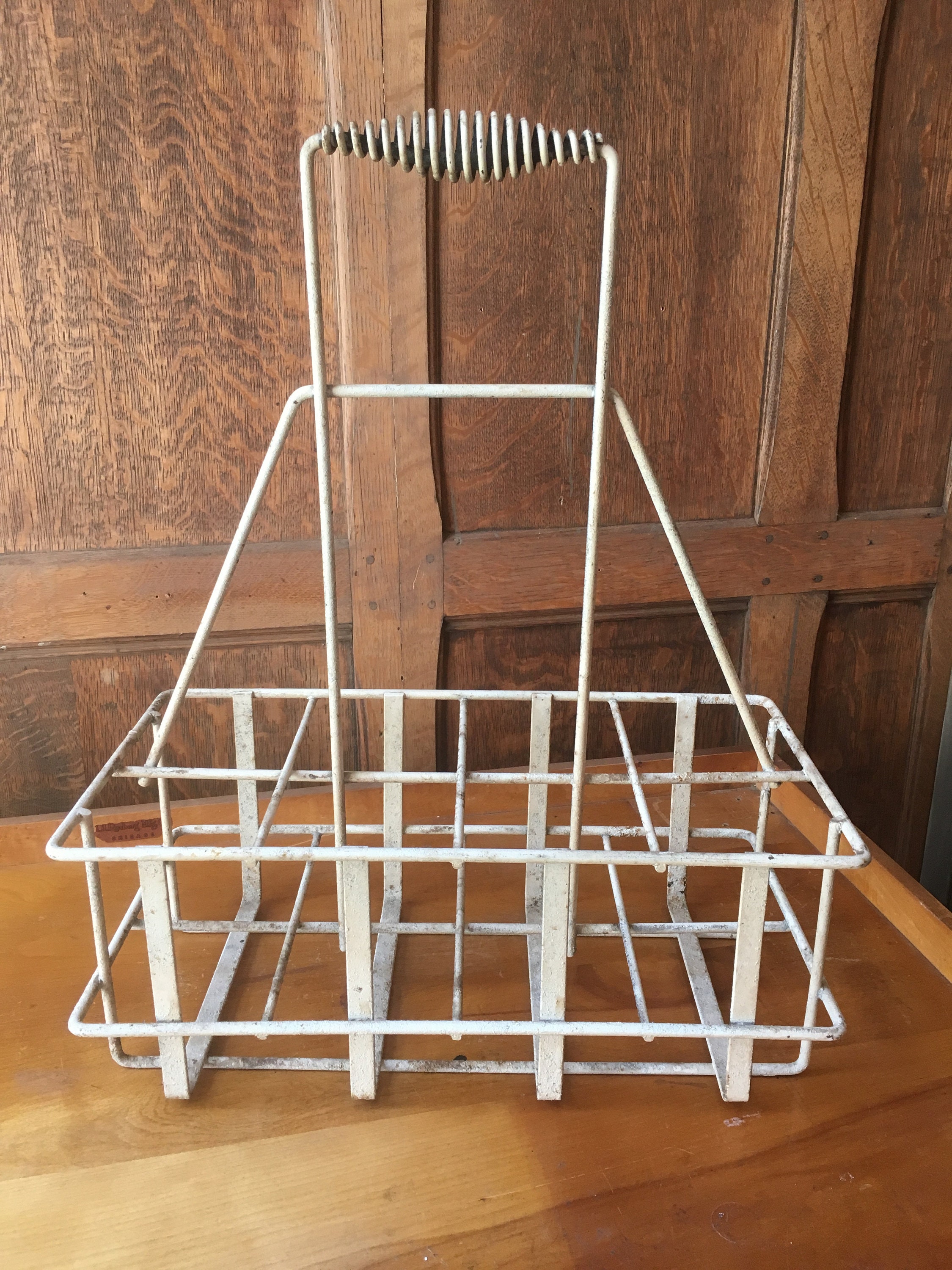 Vintage Bottle Carrier, Metal Wire Basket Bottle Tote, Industrial