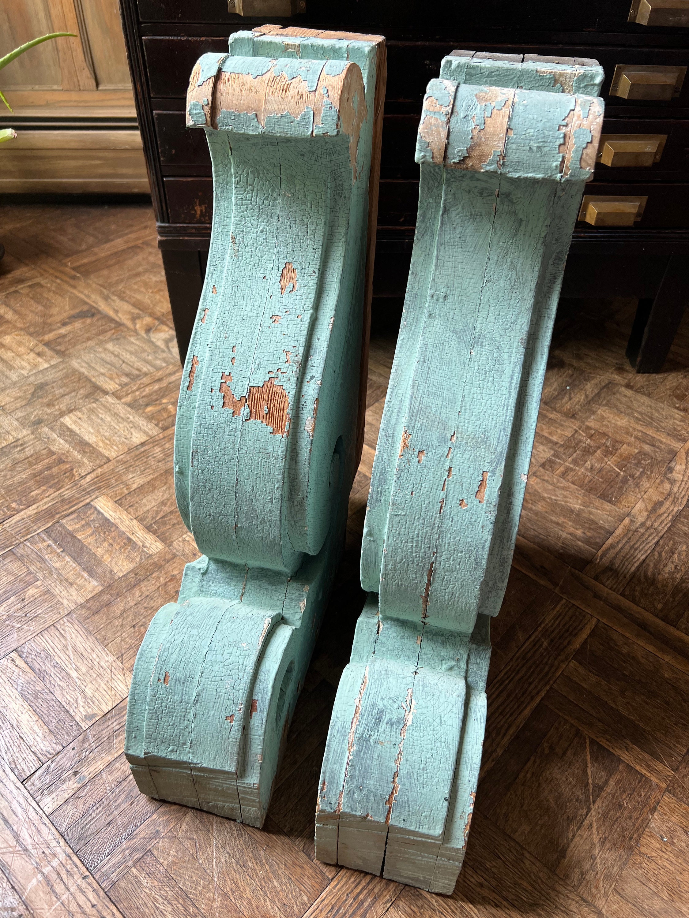 Pair Of Antique Wood Corbels, Large Blue Painted Corbels, Architectural
