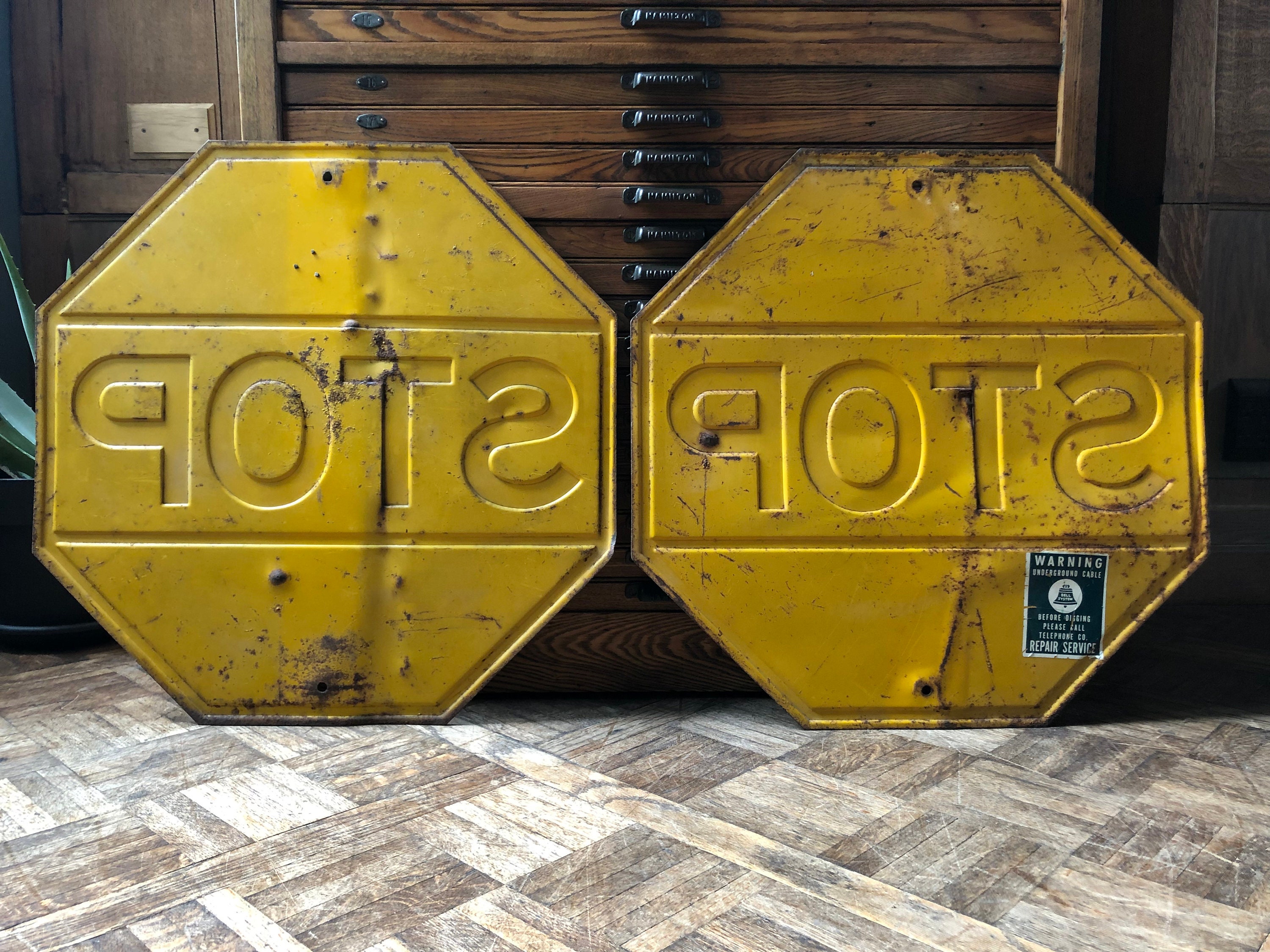 Pair Of 1940s Yellow Stop Signs, 24” Stop Sign, Vintage Stop Sign, Road