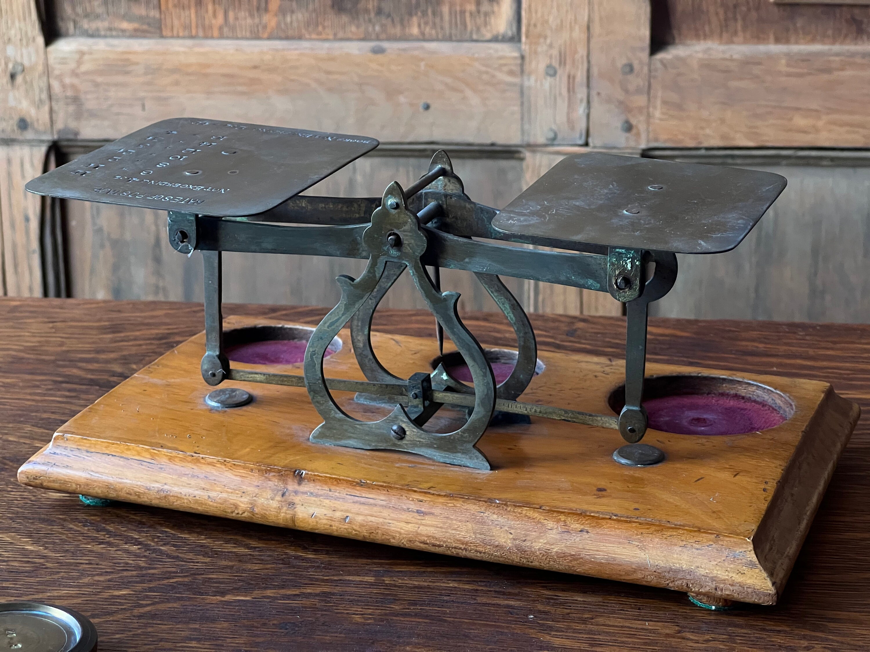 Antique Postal Scale, Brass And Wood Scale, Antique Desk Top Scale