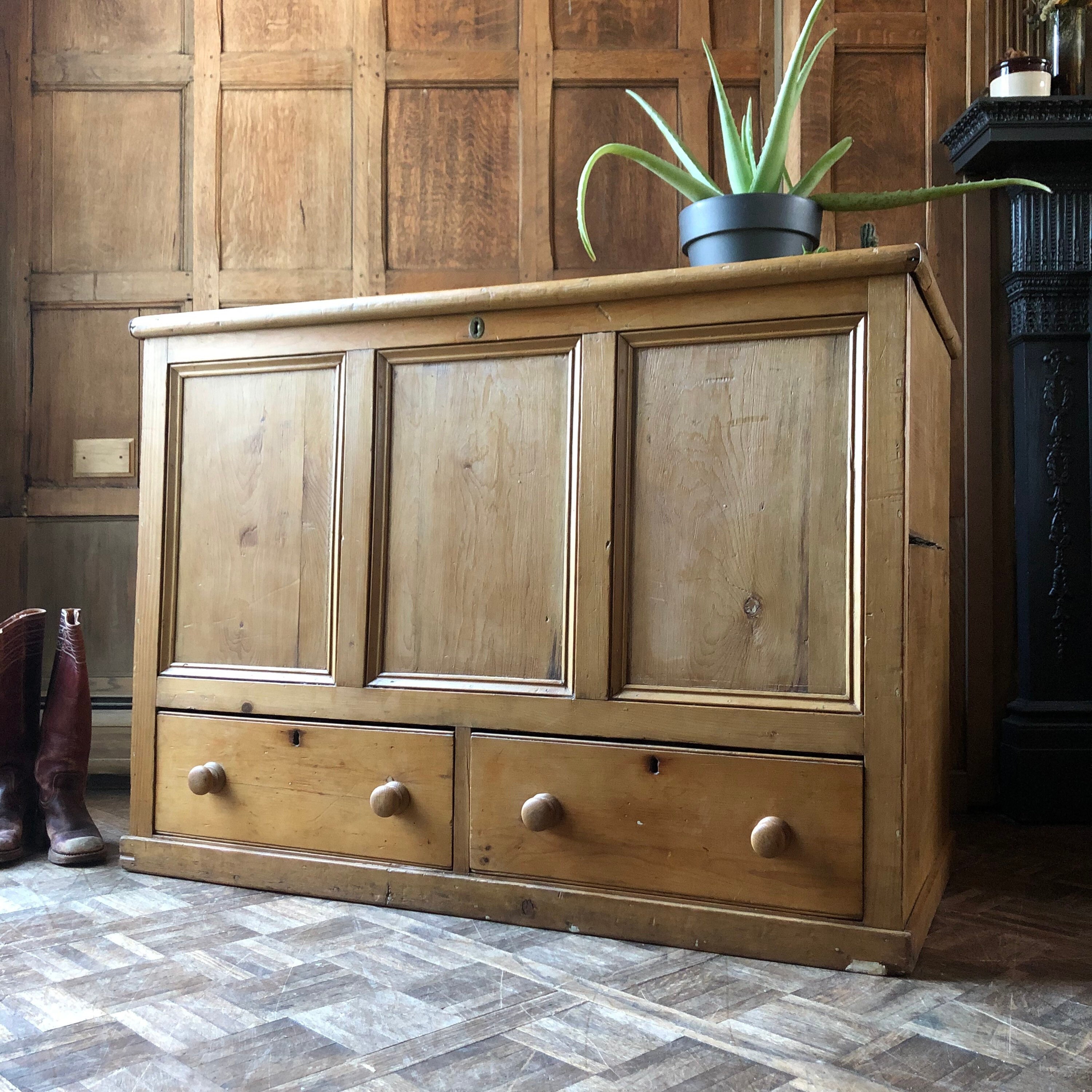 Antique Blanket Chest Two Drawers, Primitive Dovetail Pine Dresser