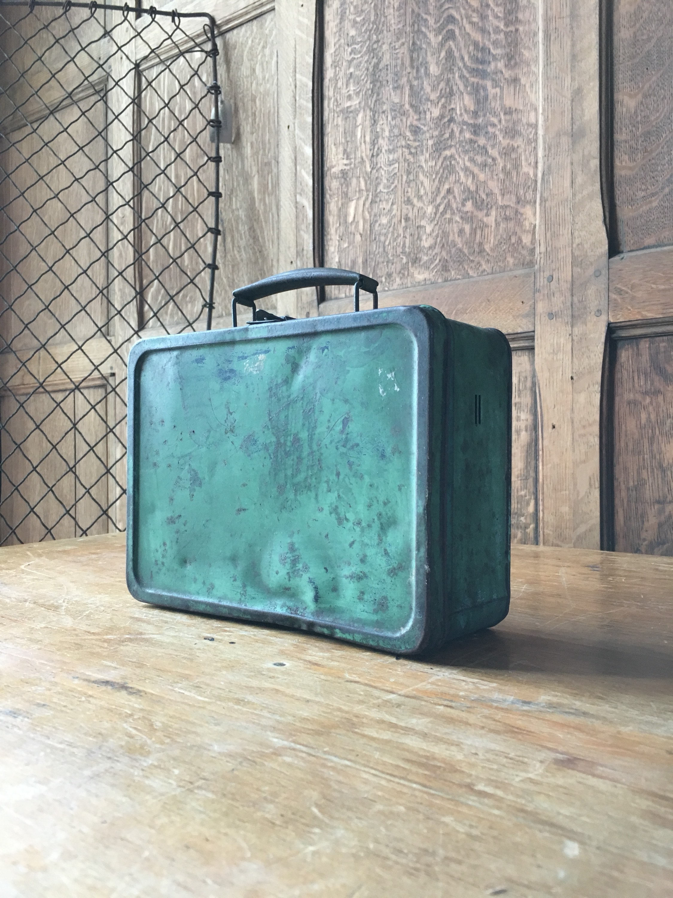 Green Metal Lunch Box, Vintage Lunchbox, Old Metal Storage Box, Vintage