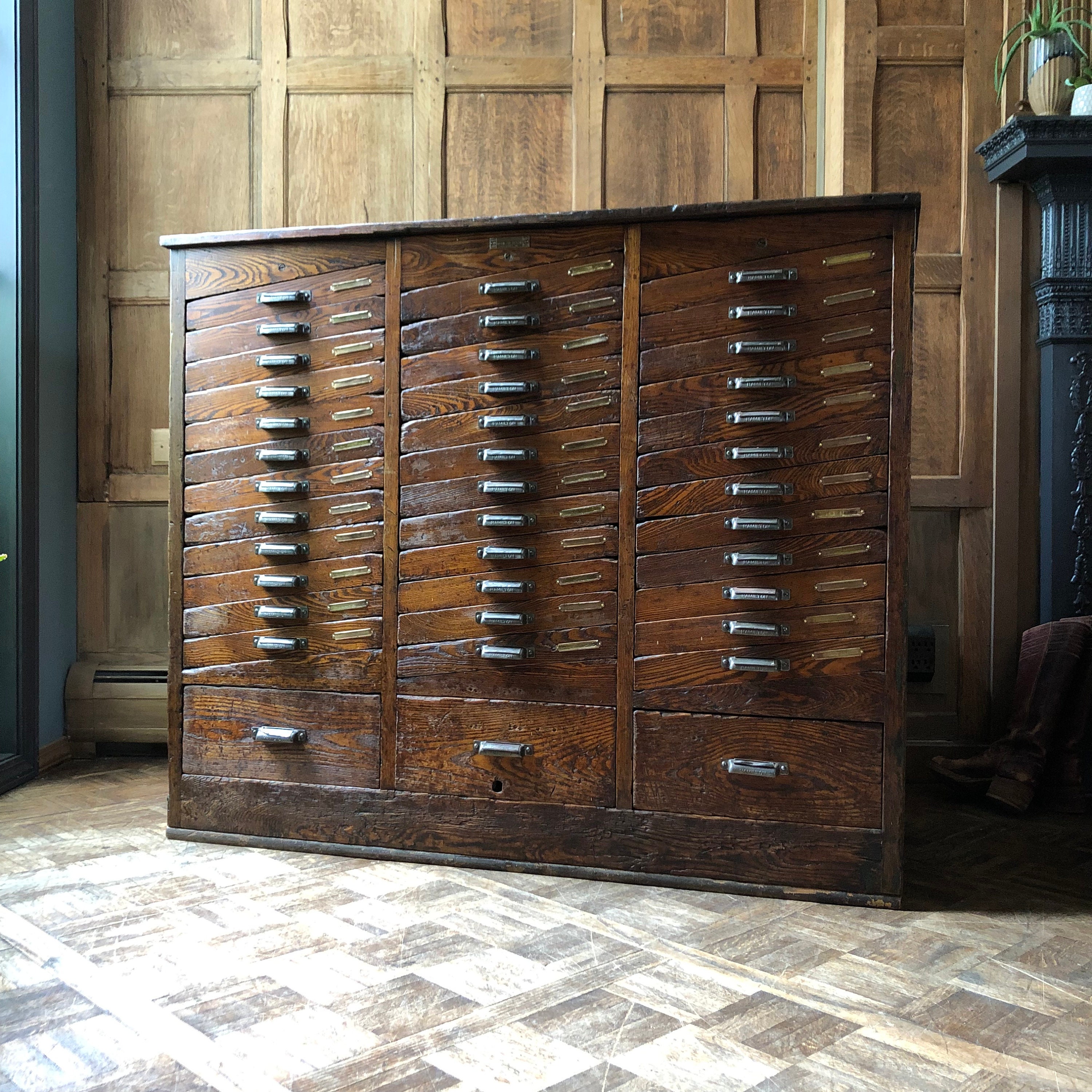 Vintage Lyons Flat File Cabinet on Factory Railroad Cart 