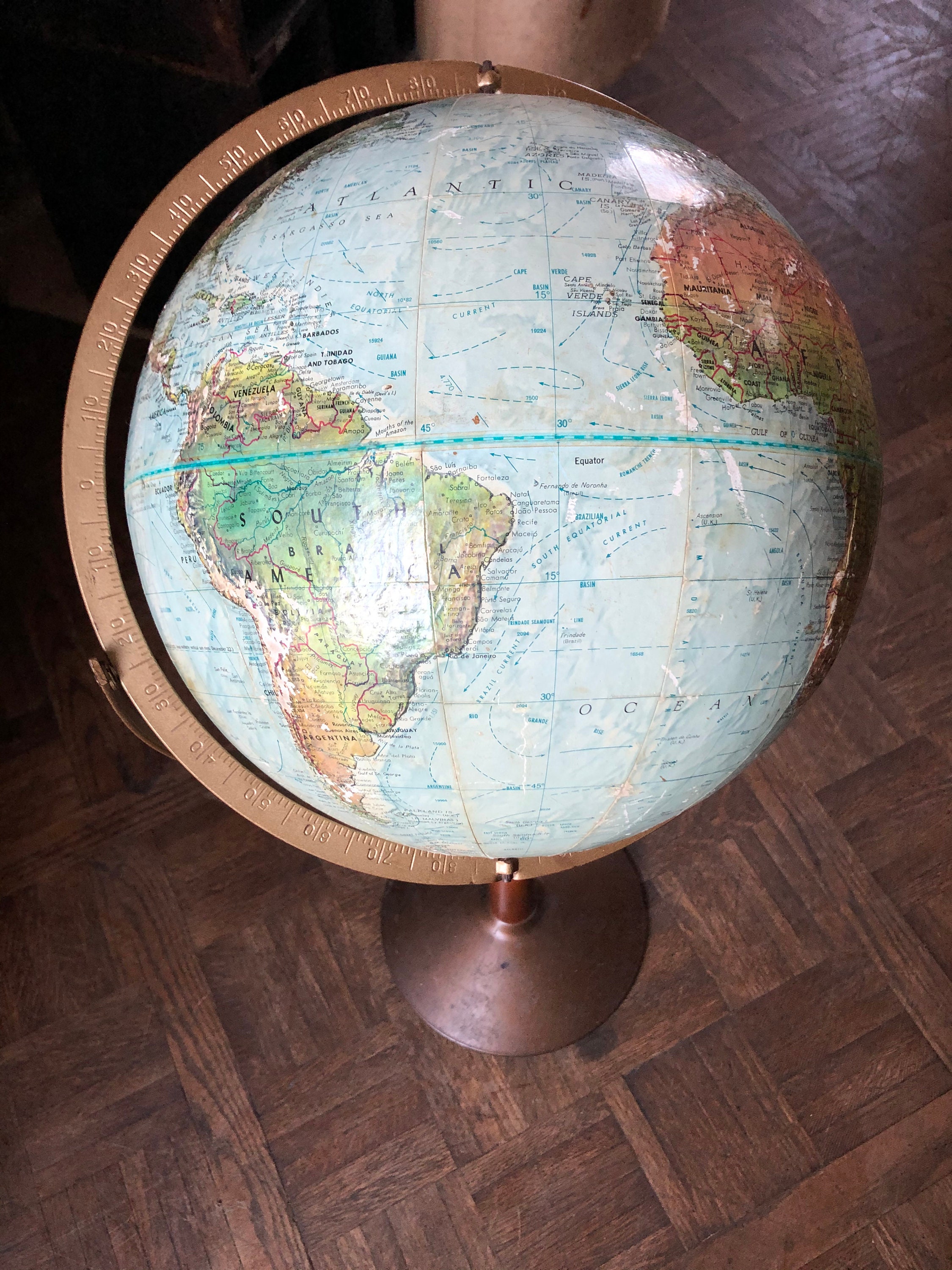 Vintage World Globe On Stand, 12 Inch Relief Globe, Replogle Land And