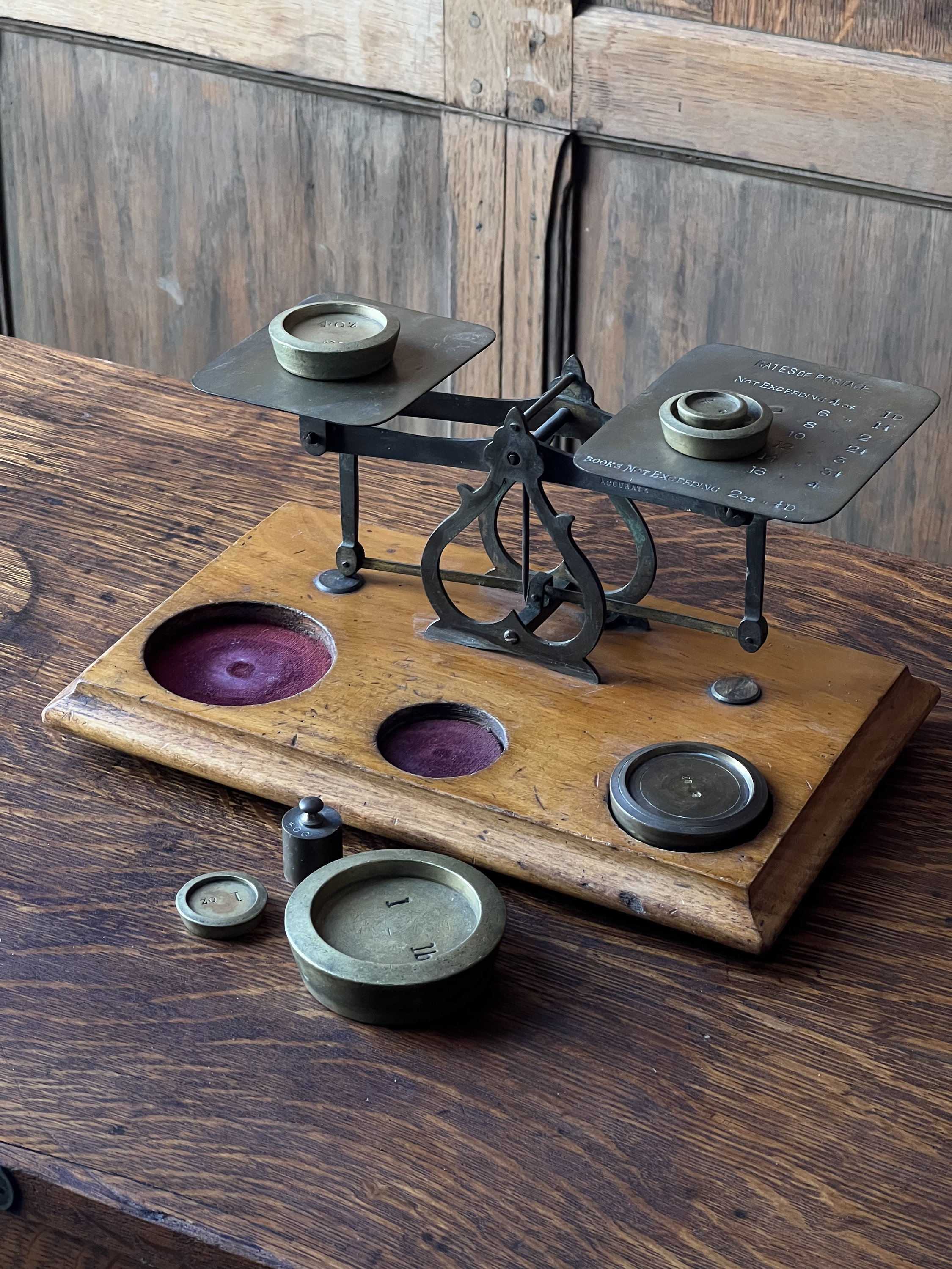 Antique Postal Scale, Brass And Wood Scale, Antique Desk Top Scale