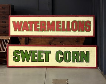 Large Vintage Produce Signs, Watermellons And Sweet Corn, Hand Painted Farm Stand Sign, Trade Sign, Kitchen Sign