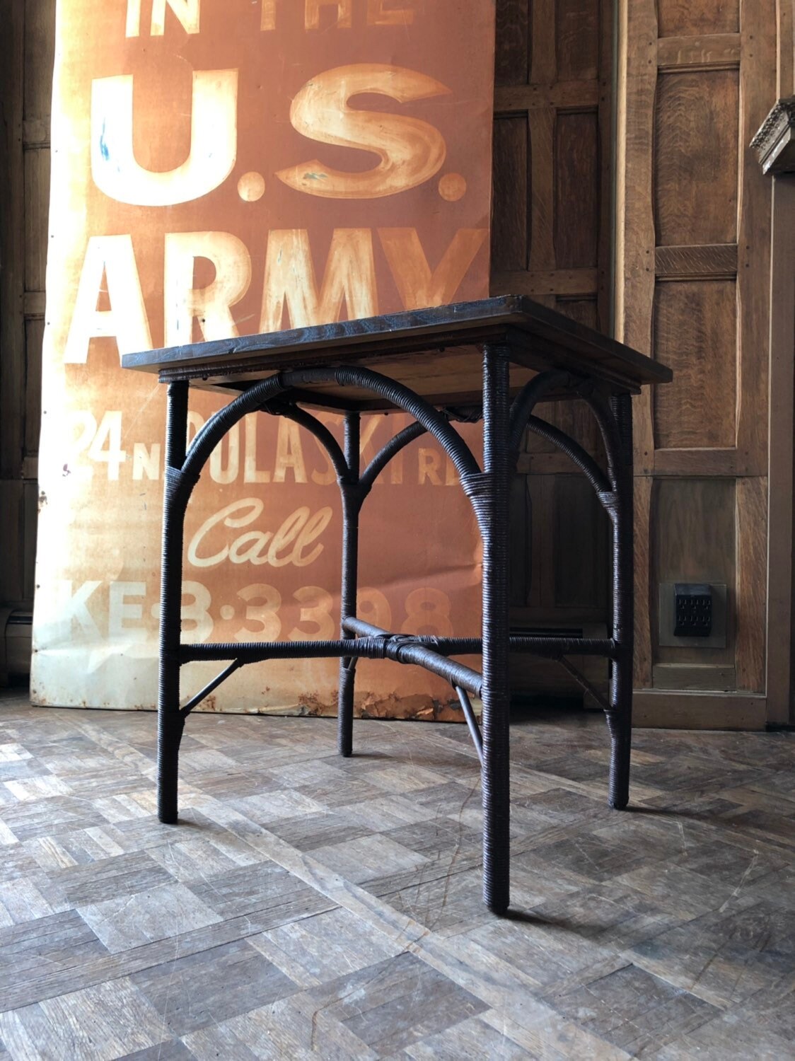 Antique Rattan Side Table, Small Quarter Sawn Oak End 