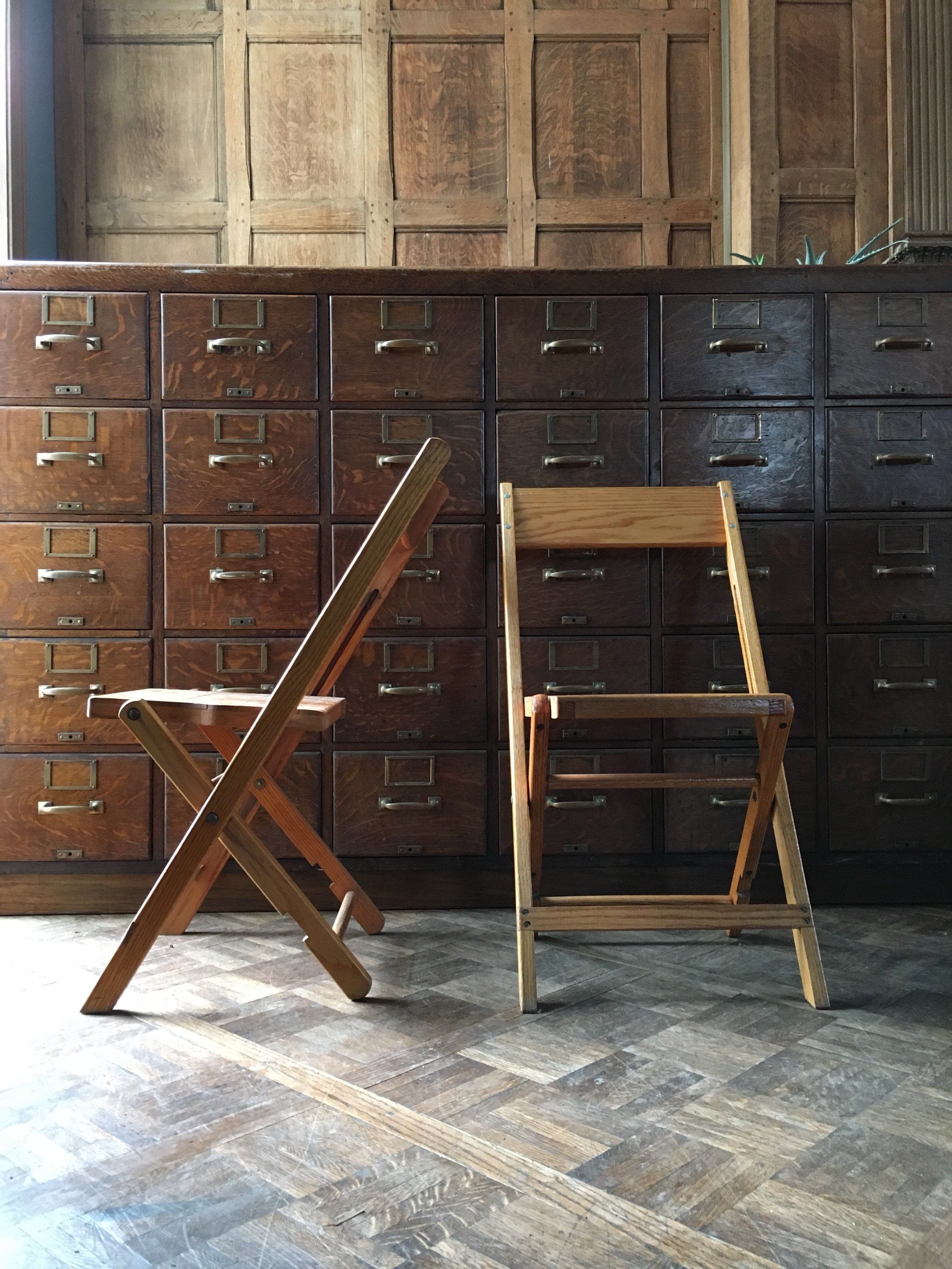 PAIR of Oak Folding Chairs, Vintage Theater Seats, Set of ...