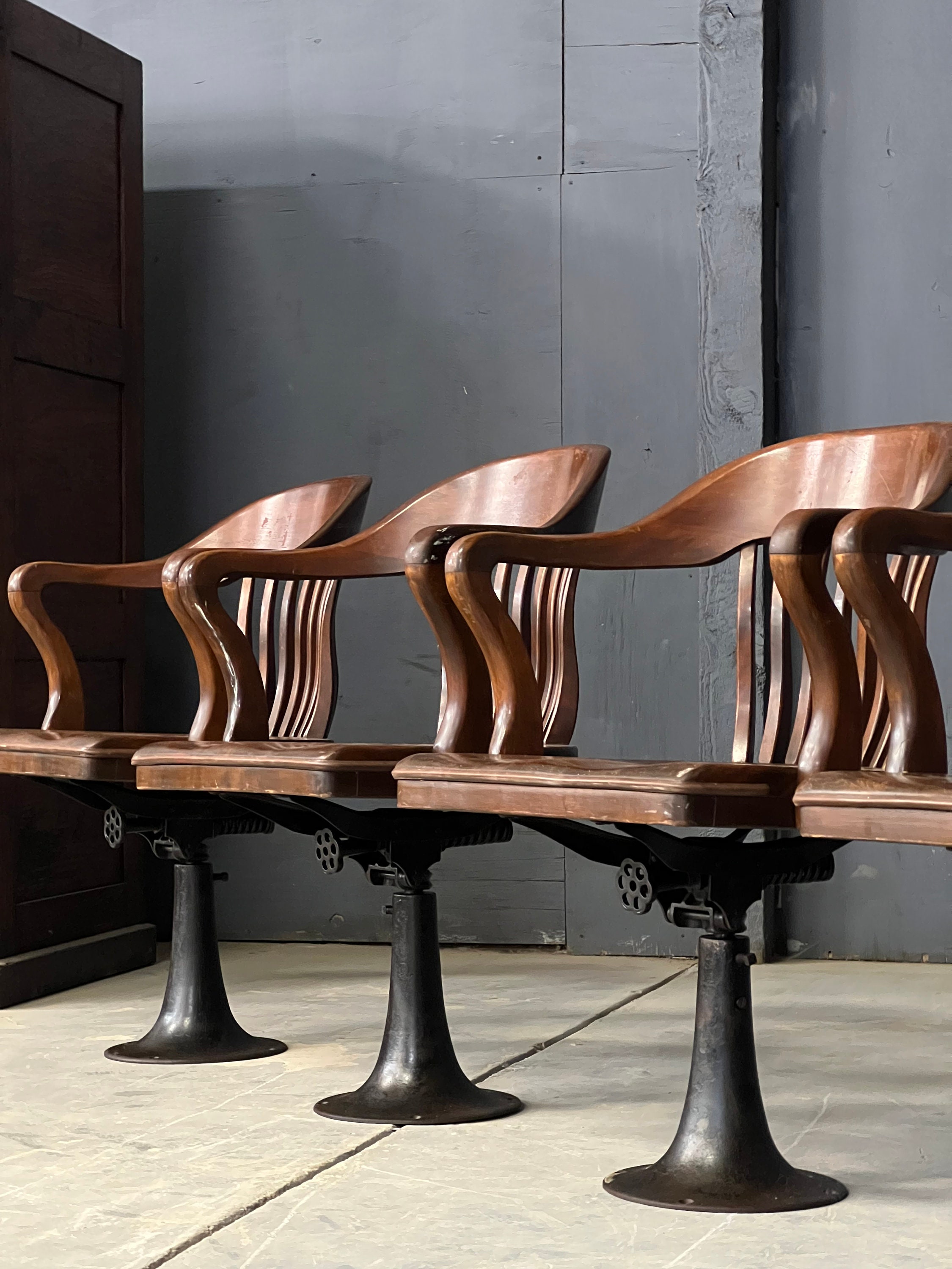 Antique Jury Chairs, Set Of Four Revolving Juror Chairs With Cast Iron