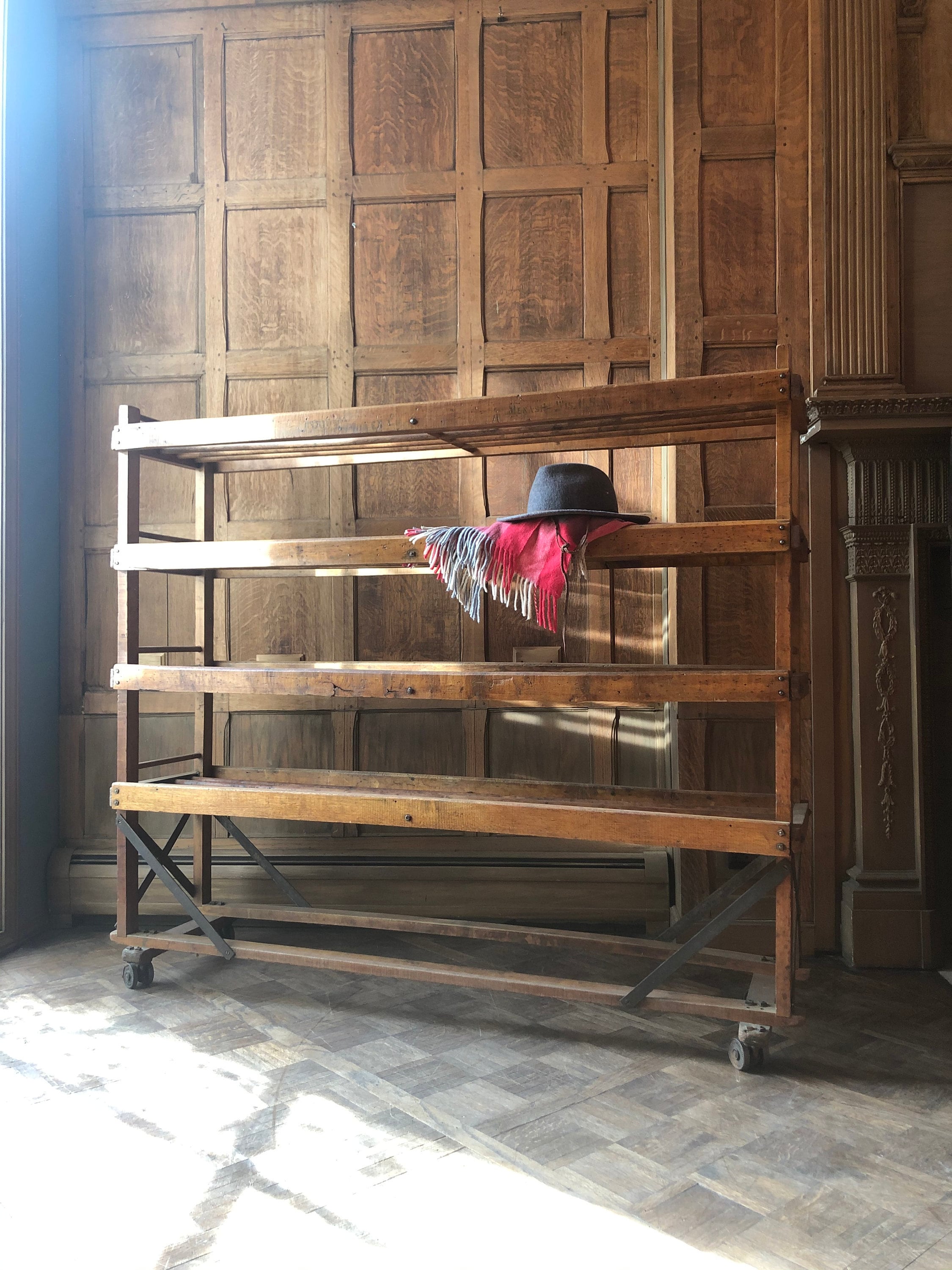 Large Antique Bakers Rack, Rolling Wood Bakers Rack, Industrial Shelf