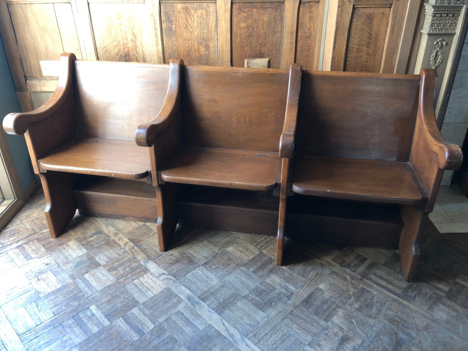 RESERVED Antique Church Pew Bench With Hidden Storage, Oak Farmhouse