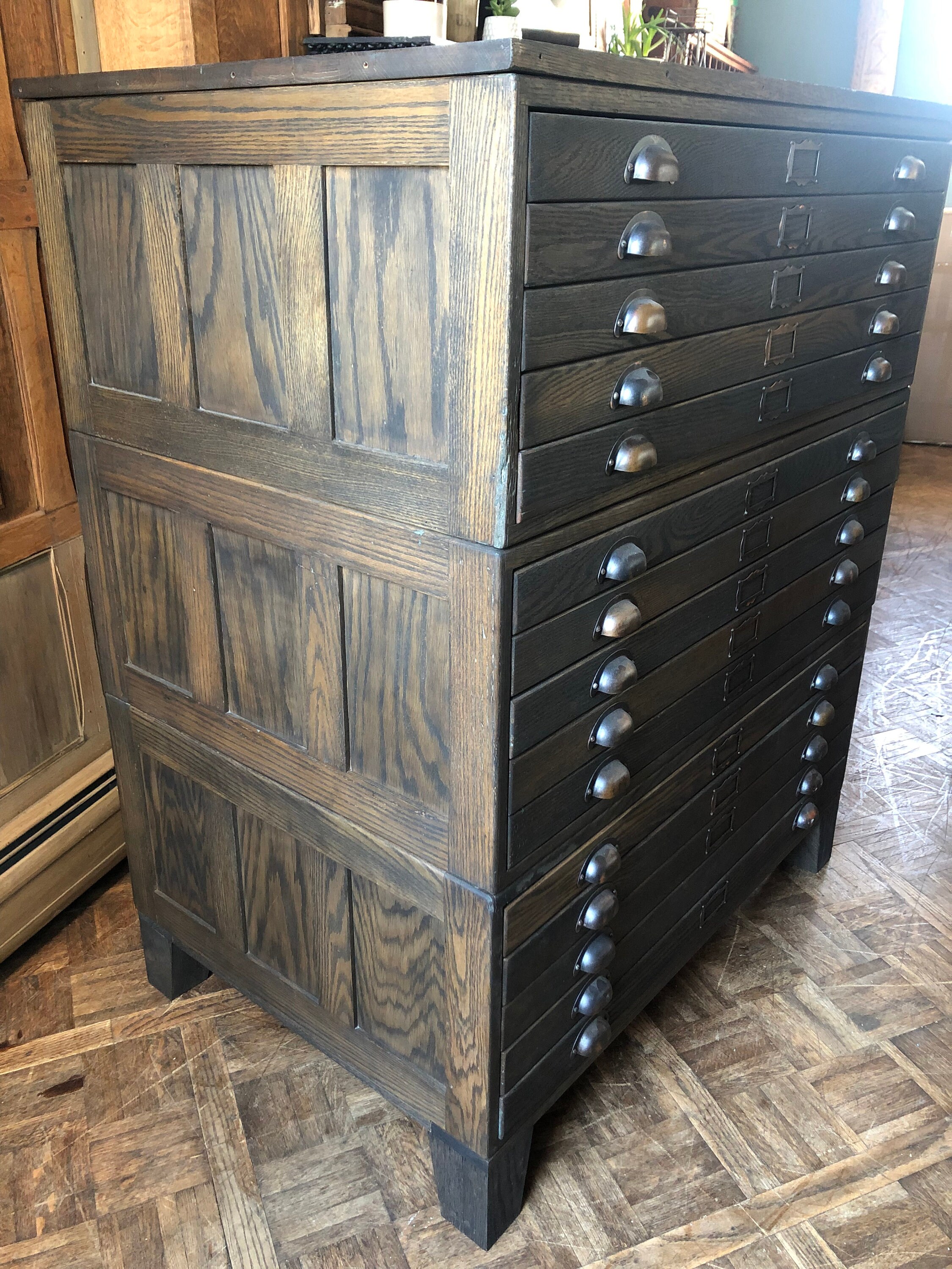 Large Antique Flat File Antique Oak Map Apothecary