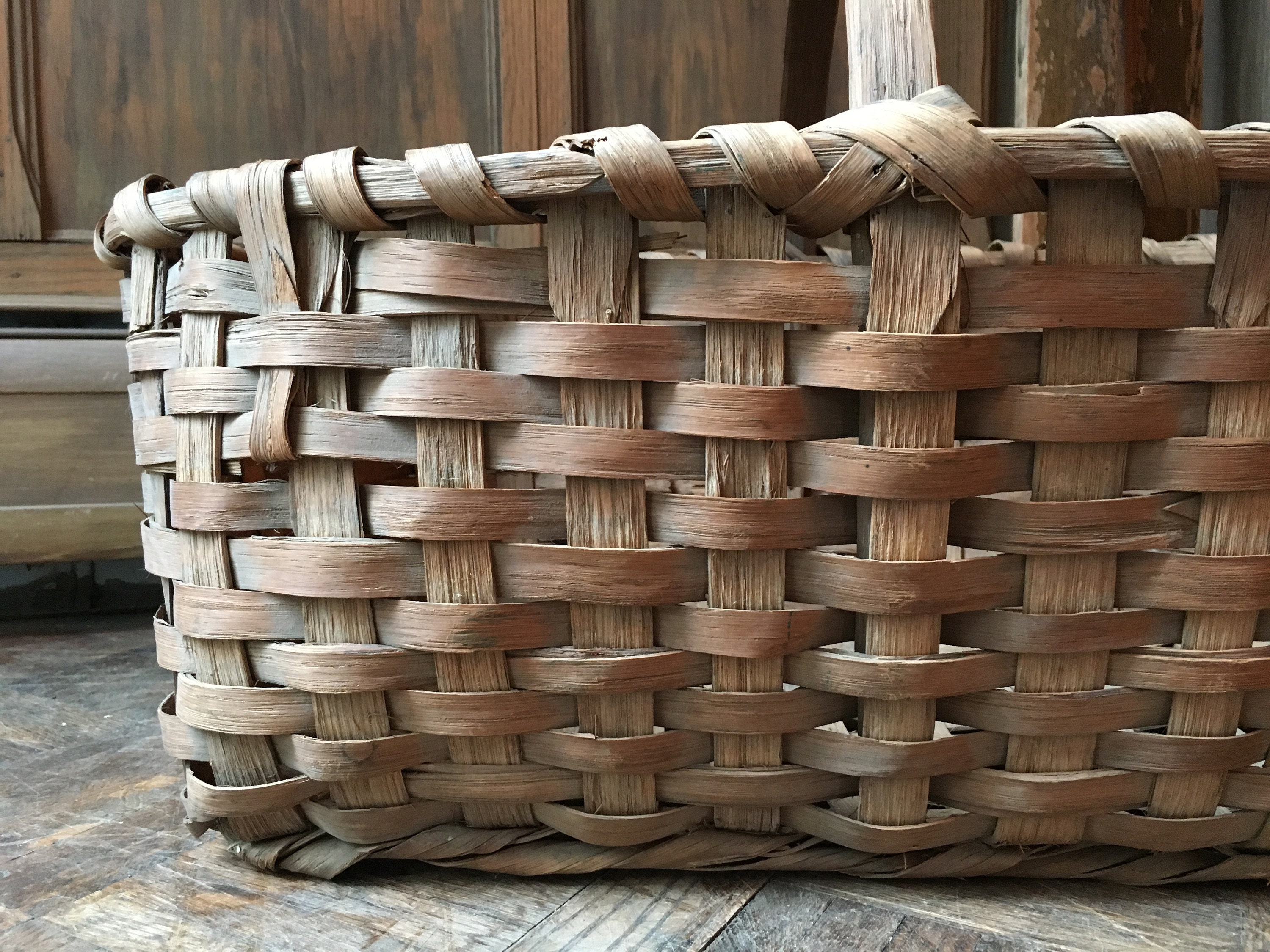 Large Antique Splint Basket, Woven Wood Basket, Blanket Basket