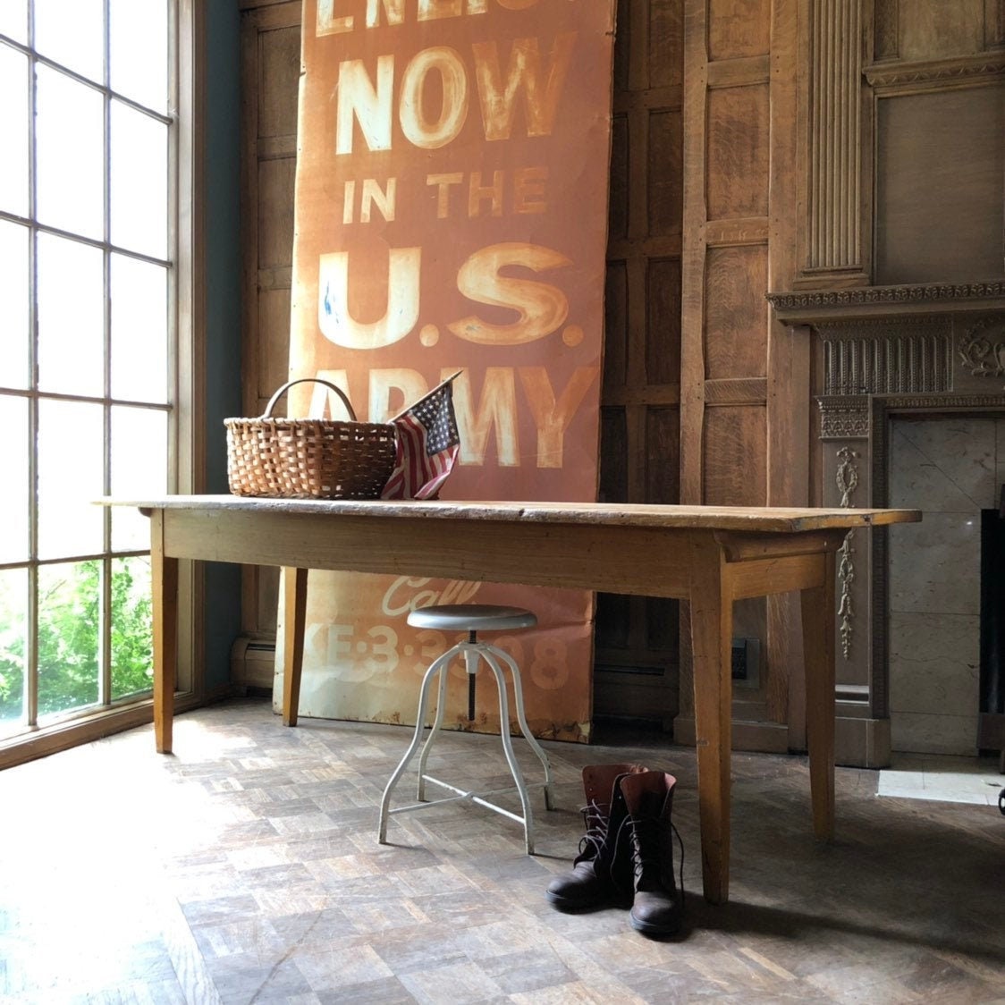 7 Foot Antique Farmhouse Table With Mustard Grain Paint Etsy