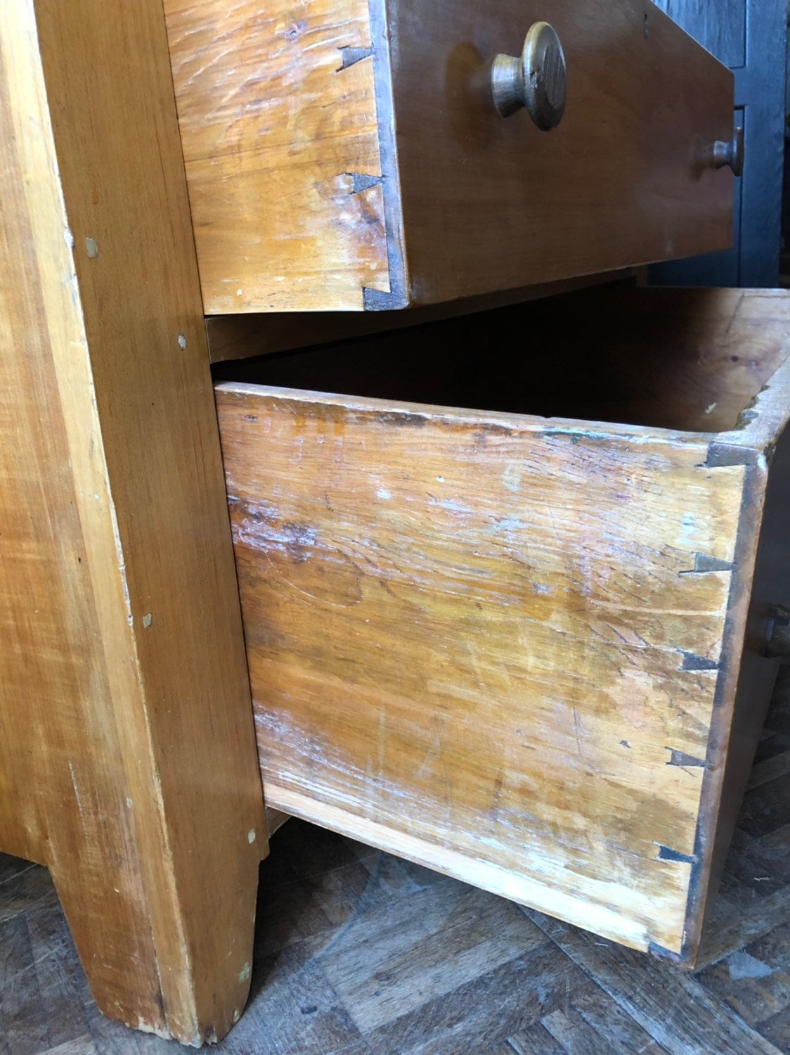 Antique Blanket Chest Two Drawers, Primitive Dovetail Pine and Maple