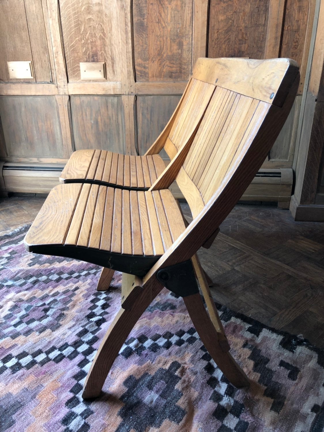 Vintage Folding Theater Seats, Wood Church Pew Bench, Entryway Seating