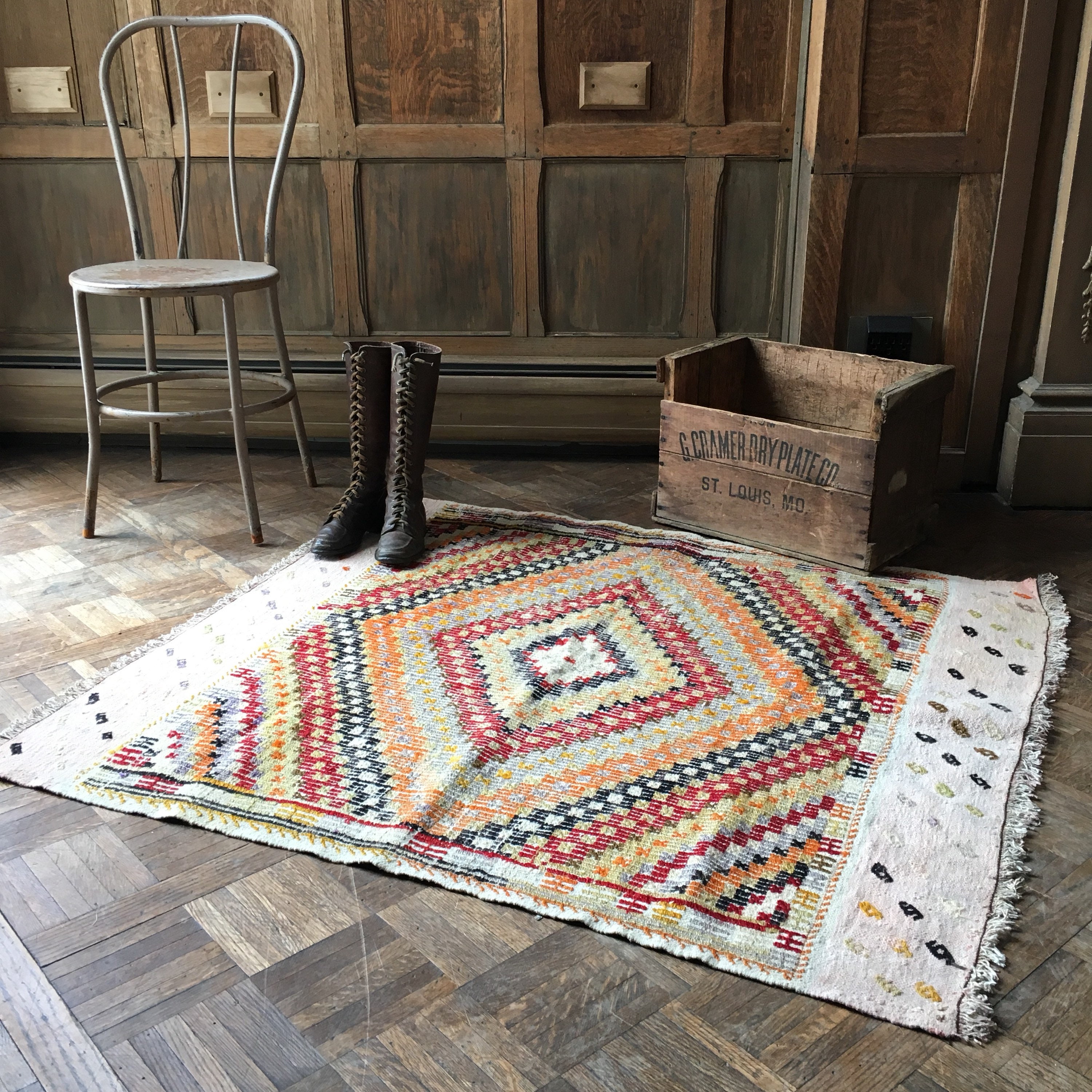 Vintage Turkish Kilim Rug, Vintage Statement Rug, Square Kilim Rug