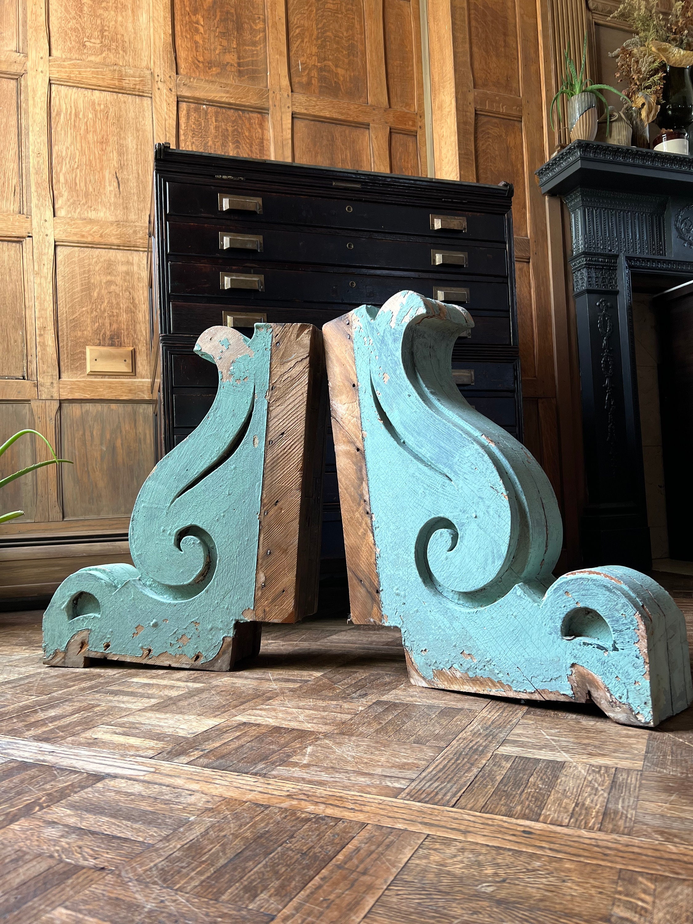Pair Of Antique Wood Corbels, Large Blue Painted Corbels, Architectural Salvage, Chippy
